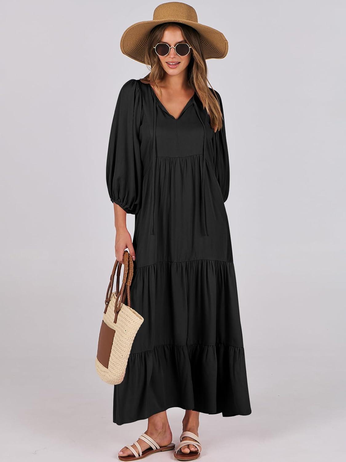 imageANRABESS Womens Boho Maxi Dresses 2025 Summer V Neck Puff Sleeve Floral Flowy Swing Fall Casual Long DressBlack