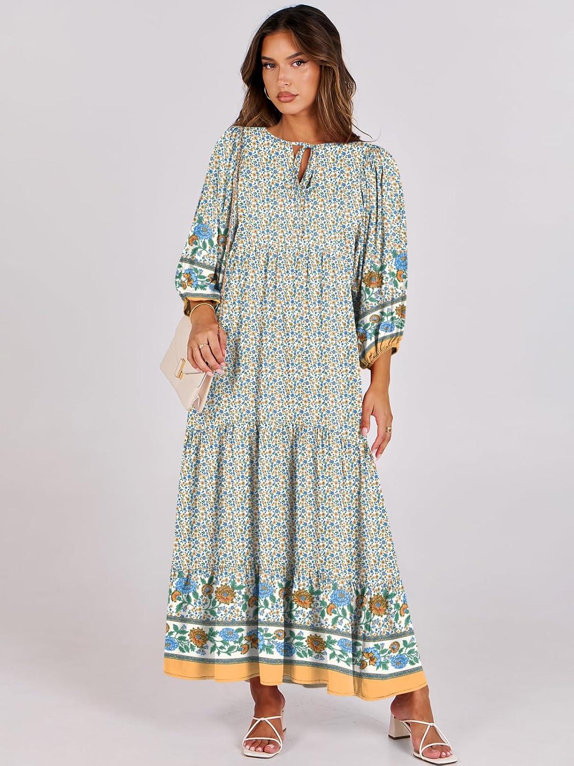 imageANRABESS Womens Boho Maxi Dresses 2025 Summer V Neck Puff Sleeve Floral Flowy Swing Fall Casual Long DressBlue Floral