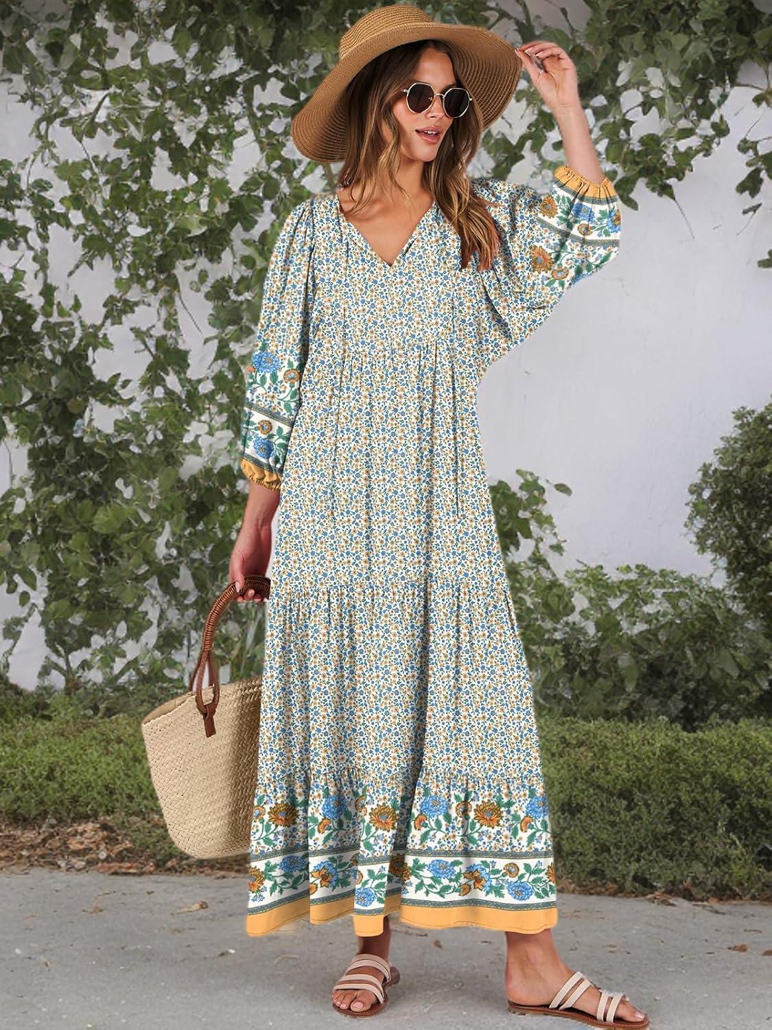 imageANRABESS Womens Boho Maxi Dresses 2025 Summer V Neck Puff Sleeve Floral Flowy Swing Fall Casual Long DressBlue Floral