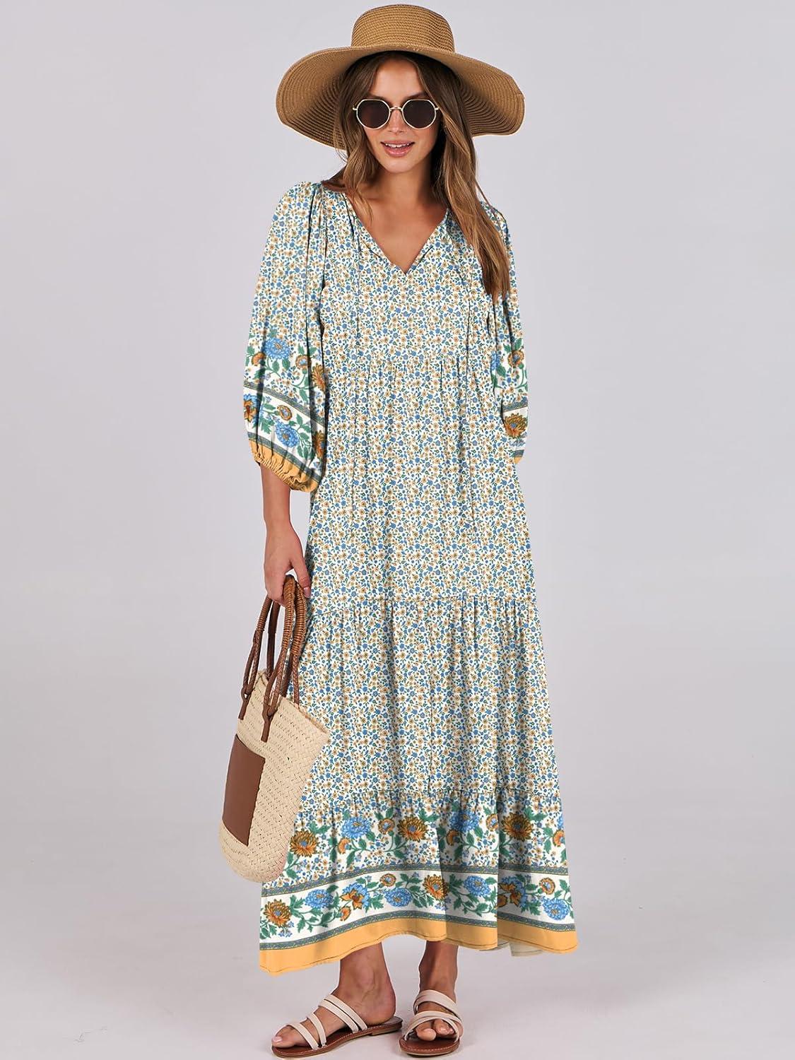 imageANRABESS Womens Boho Maxi Dresses 2025 Summer V Neck Puff Sleeve Floral Flowy Swing Fall Casual Long DressBlue Floral
