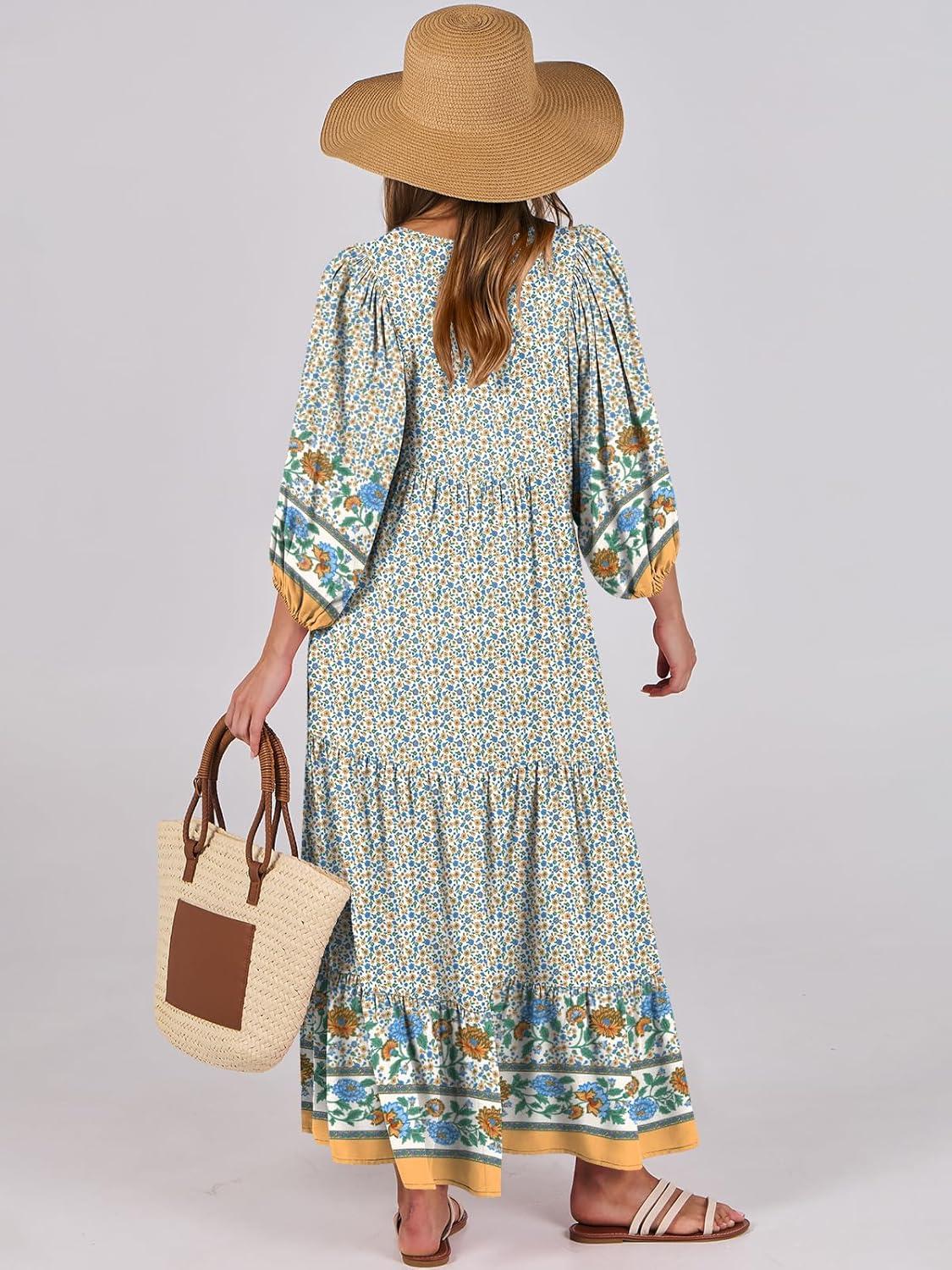 imageANRABESS Womens Boho Maxi Dresses 2025 Summer V Neck Puff Sleeve Floral Flowy Swing Fall Casual Long DressBlue Floral