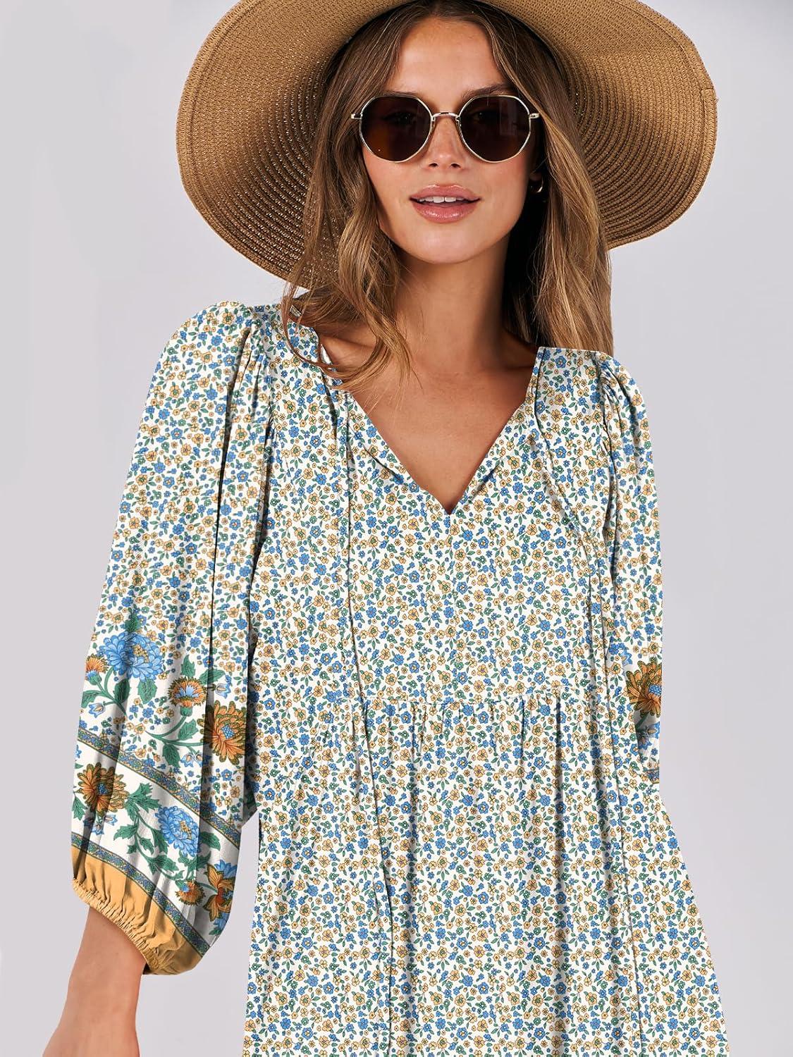 imageANRABESS Womens Boho Maxi Dresses 2025 Summer V Neck Puff Sleeve Floral Flowy Swing Fall Casual Long DressBlue Floral