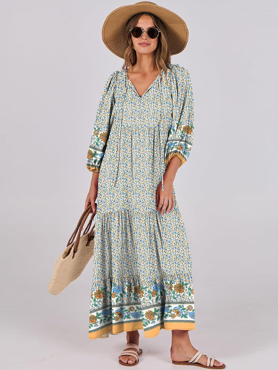 imageANRABESS Womens Boho Maxi Dresses 2025 Summer V Neck Puff Sleeve Floral Flowy Swing Fall Casual Long DressBlue Floral