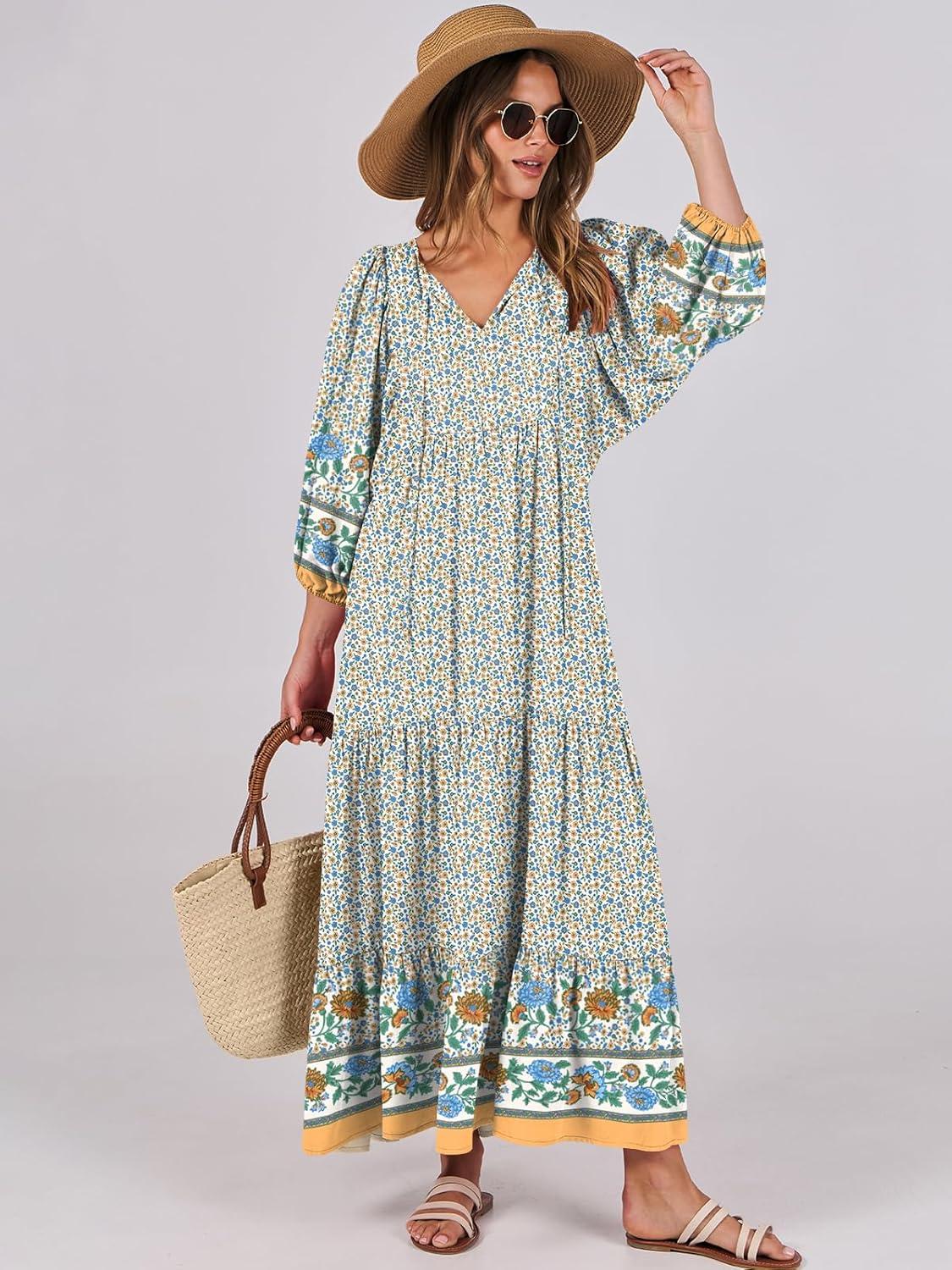imageANRABESS Womens Boho Maxi Dresses 2025 Summer V Neck Puff Sleeve Floral Flowy Swing Fall Casual Long DressBlue Floral
