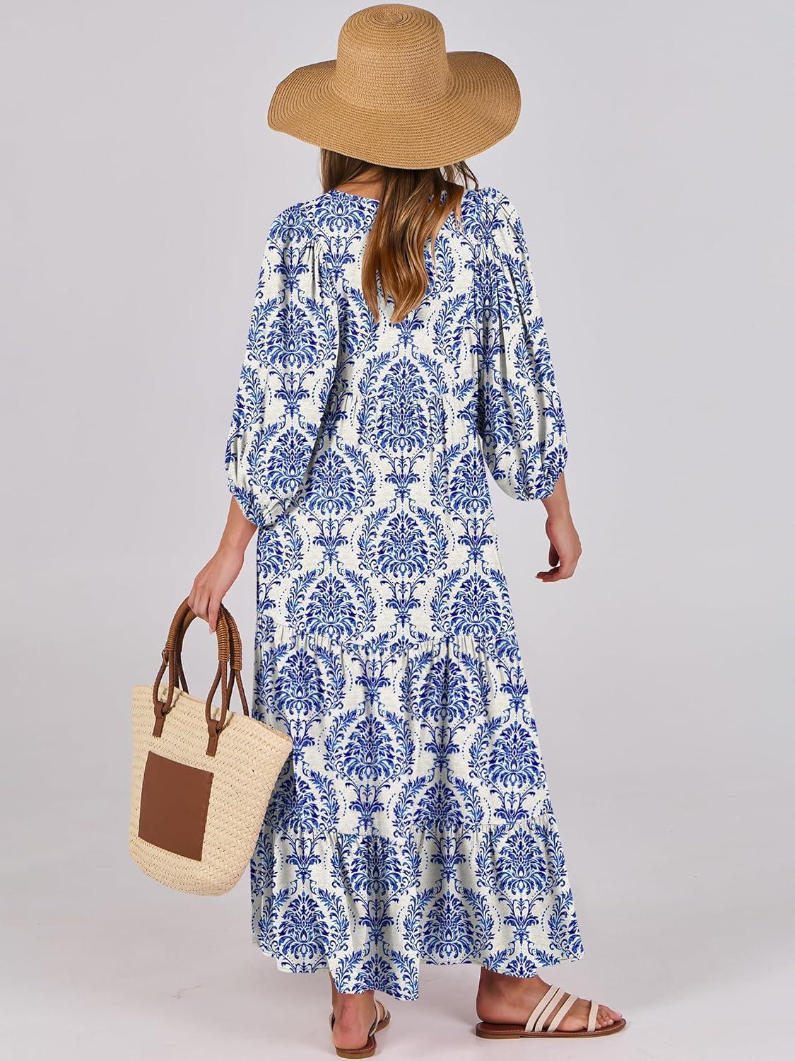 imageANRABESS Womens Boho Maxi Dresses 2025 Summer V Neck Puff Sleeve Floral Flowy Swing Fall Casual Long DressBlue Khaki