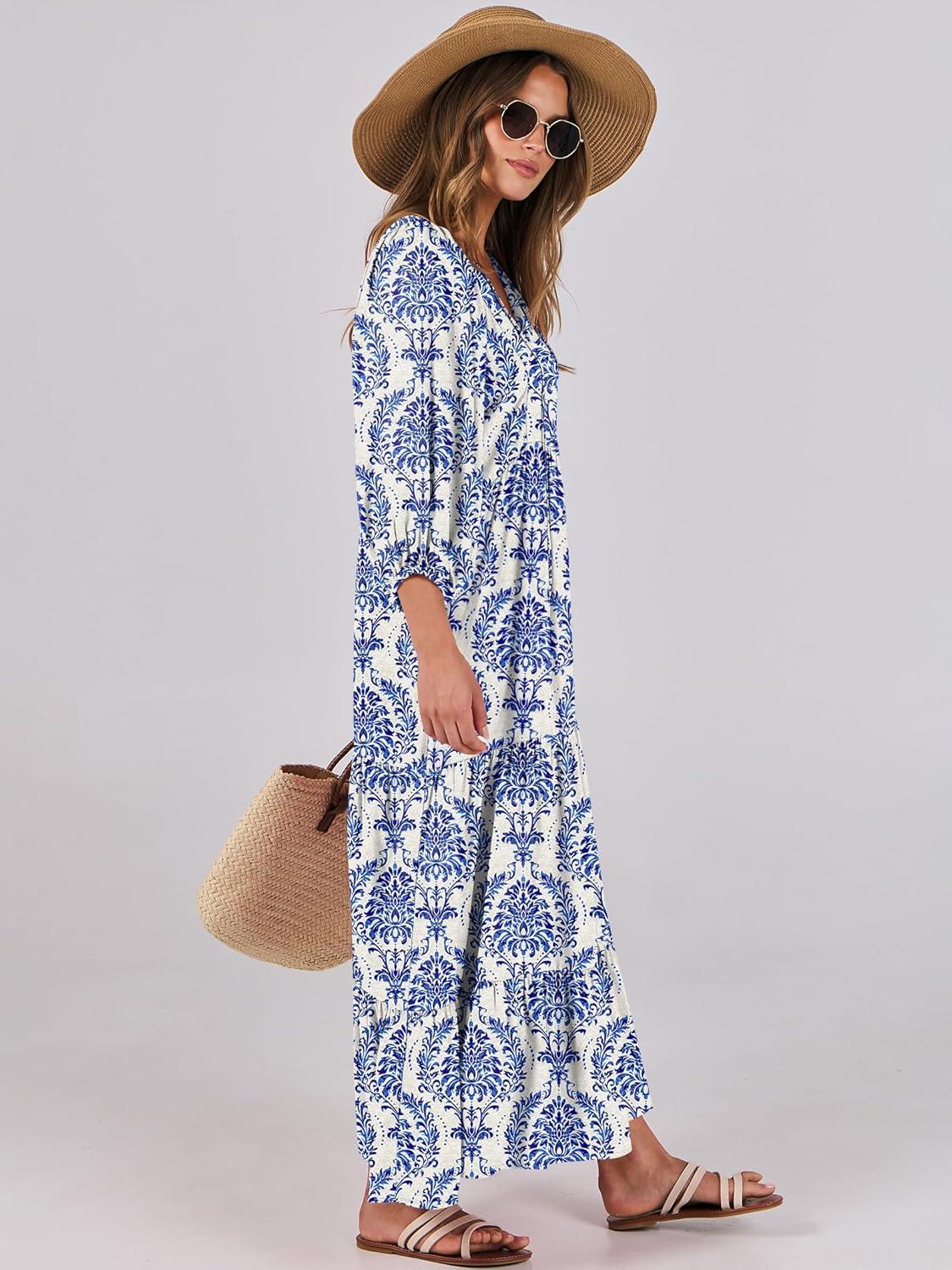 imageANRABESS Womens Boho Maxi Dresses 2025 Summer V Neck Puff Sleeve Floral Flowy Swing Fall Casual Long DressBlue Khaki