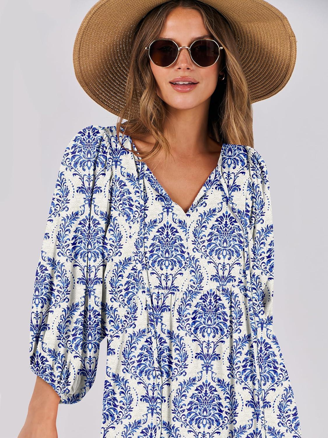 imageANRABESS Womens Boho Maxi Dresses 2025 Summer V Neck Puff Sleeve Floral Flowy Swing Fall Casual Long DressBlue Khaki