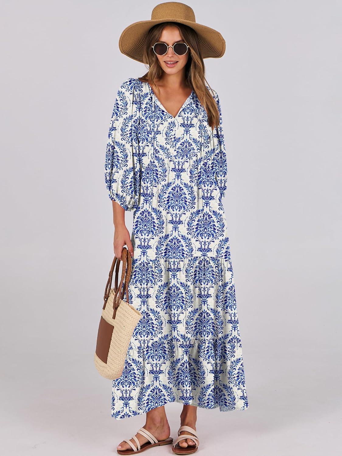 imageANRABESS Womens Boho Maxi Dresses 2025 Summer V Neck Puff Sleeve Floral Flowy Swing Fall Casual Long DressBlue Khaki