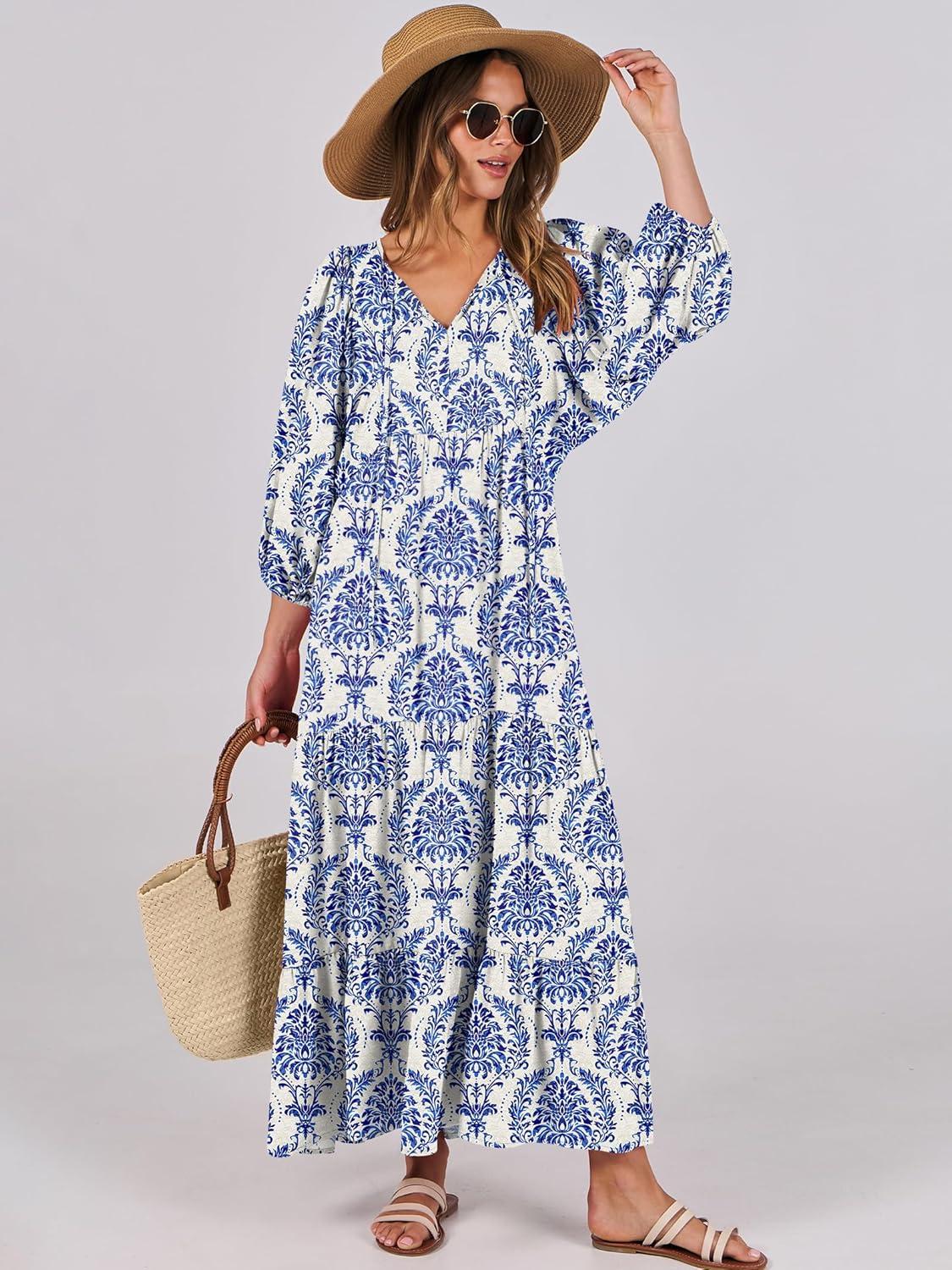 imageANRABESS Womens Boho Maxi Dresses 2025 Summer V Neck Puff Sleeve Floral Flowy Swing Fall Casual Long DressBlue Khaki