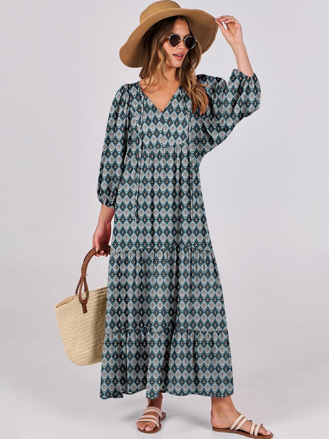 imageANRABESS Womens Boho Maxi Dresses 2025 Summer V Neck Puff Sleeve Floral Flowy Swing Fall Casual Long DressDark Green