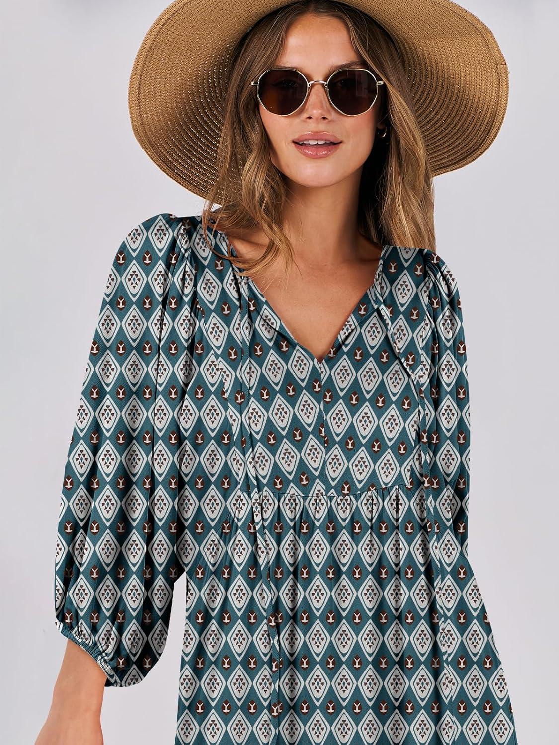 imageANRABESS Womens Boho Maxi Dresses 2025 Summer V Neck Puff Sleeve Floral Flowy Swing Fall Casual Long DressDark Green