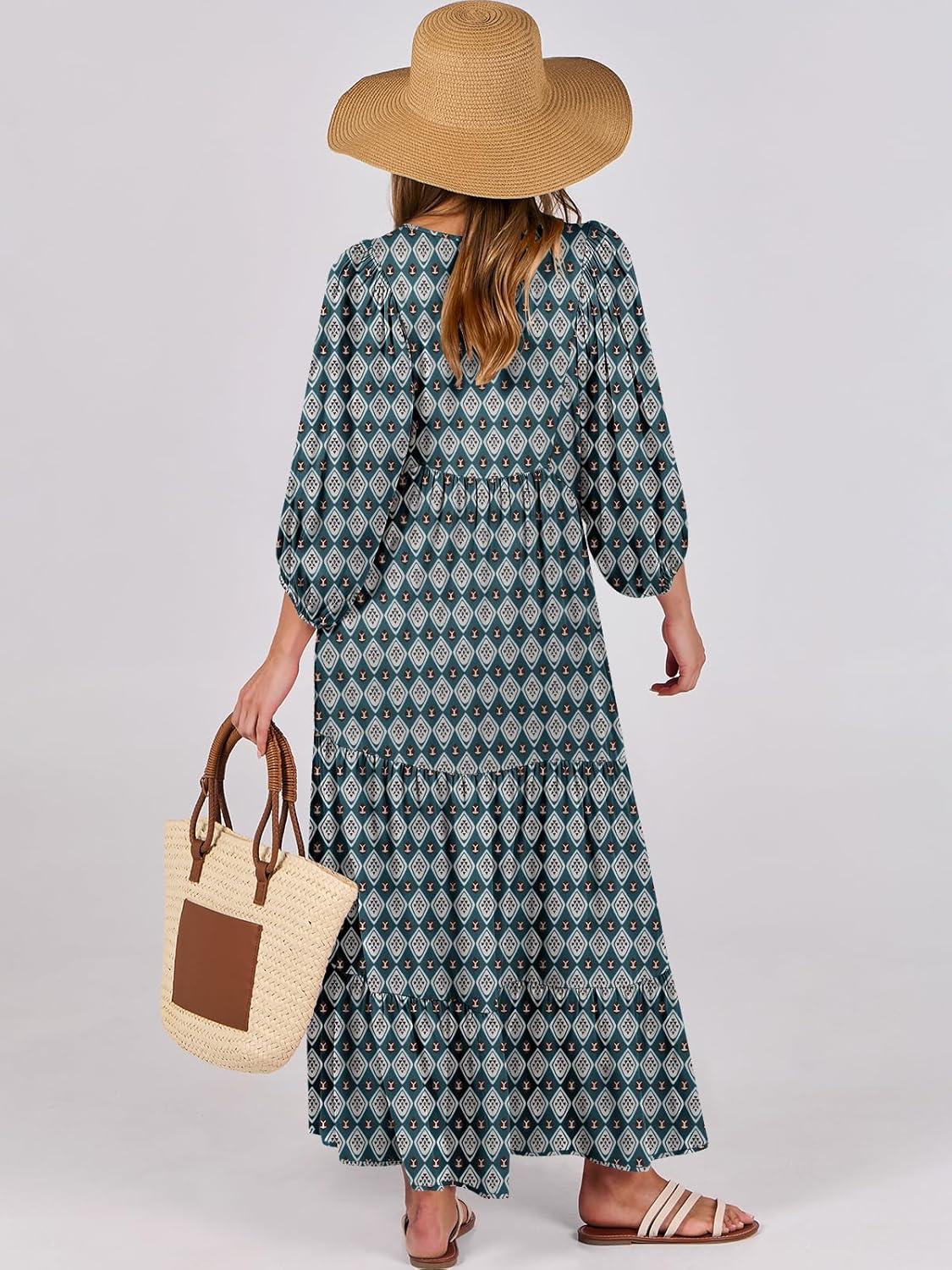 imageANRABESS Womens Boho Maxi Dresses 2025 Summer V Neck Puff Sleeve Floral Flowy Swing Fall Casual Long DressDark Green