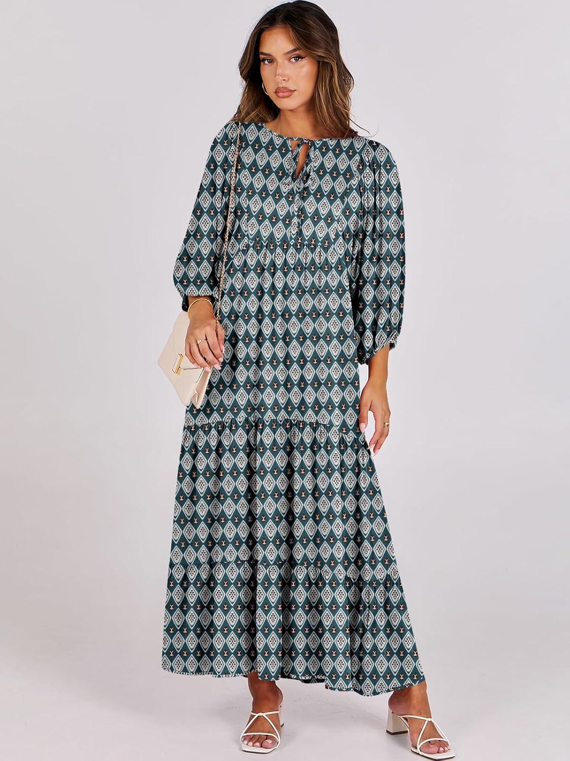 imageANRABESS Womens Boho Maxi Dresses 2025 Summer V Neck Puff Sleeve Floral Flowy Swing Fall Casual Long DressDark Green