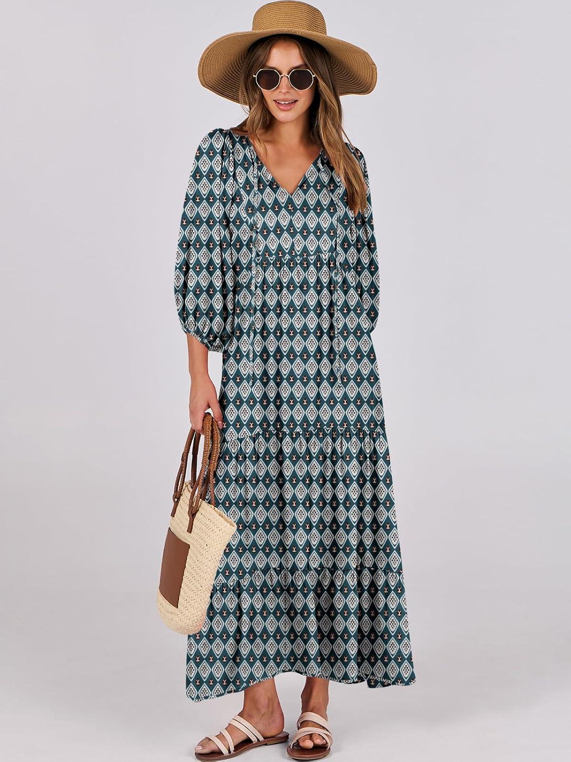 imageANRABESS Womens Boho Maxi Dresses 2025 Summer V Neck Puff Sleeve Floral Flowy Swing Fall Casual Long DressDark Green