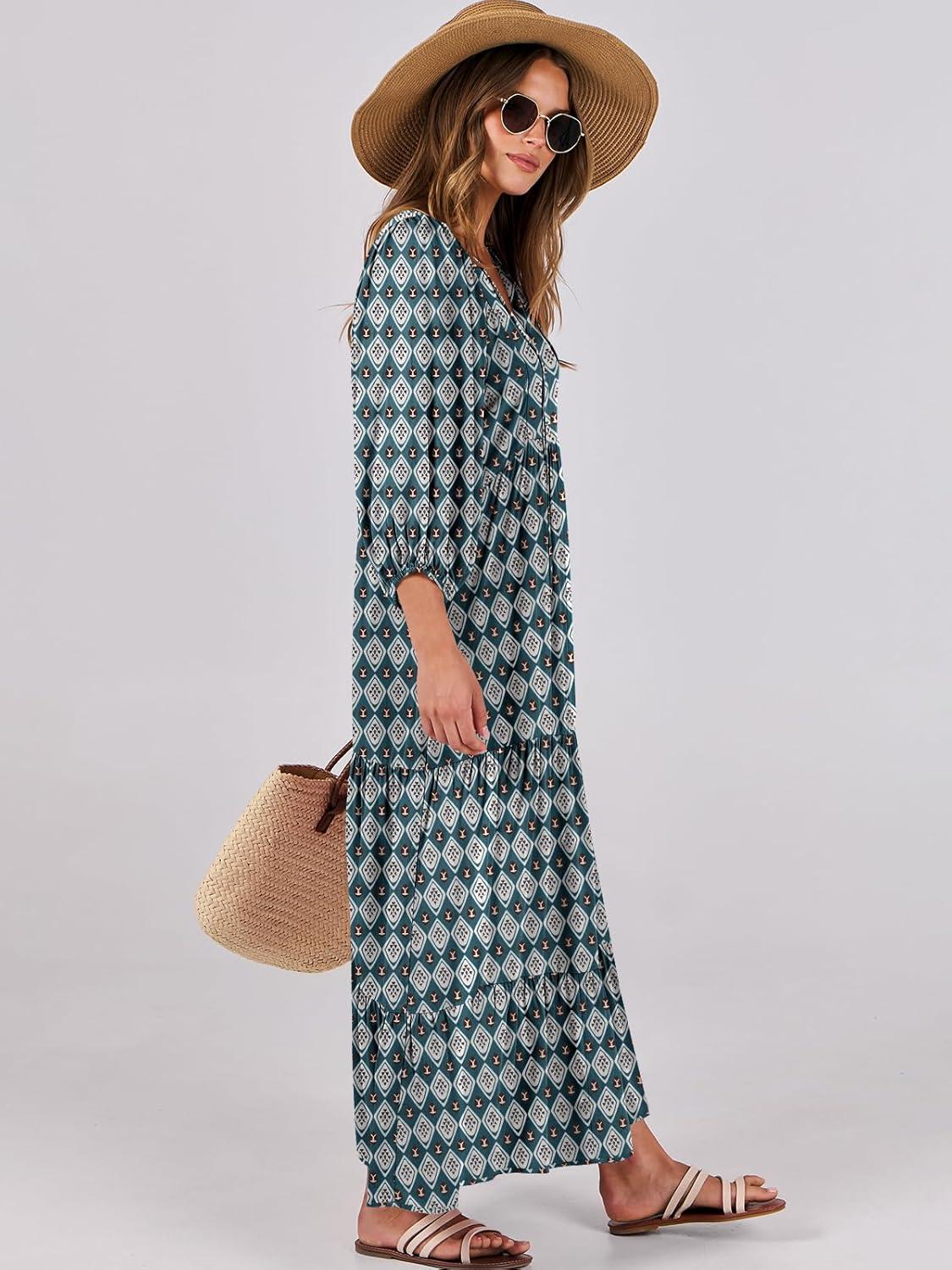 imageANRABESS Womens Boho Maxi Dresses 2025 Summer V Neck Puff Sleeve Floral Flowy Swing Fall Casual Long DressDark Green