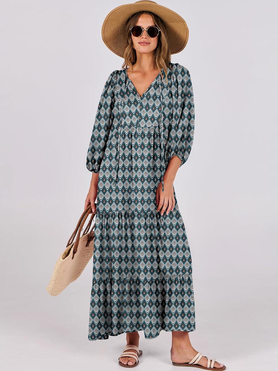 imageANRABESS Womens Boho Maxi Dresses 2025 Summer V Neck Puff Sleeve Floral Flowy Swing Fall Casual Long DressDark Green