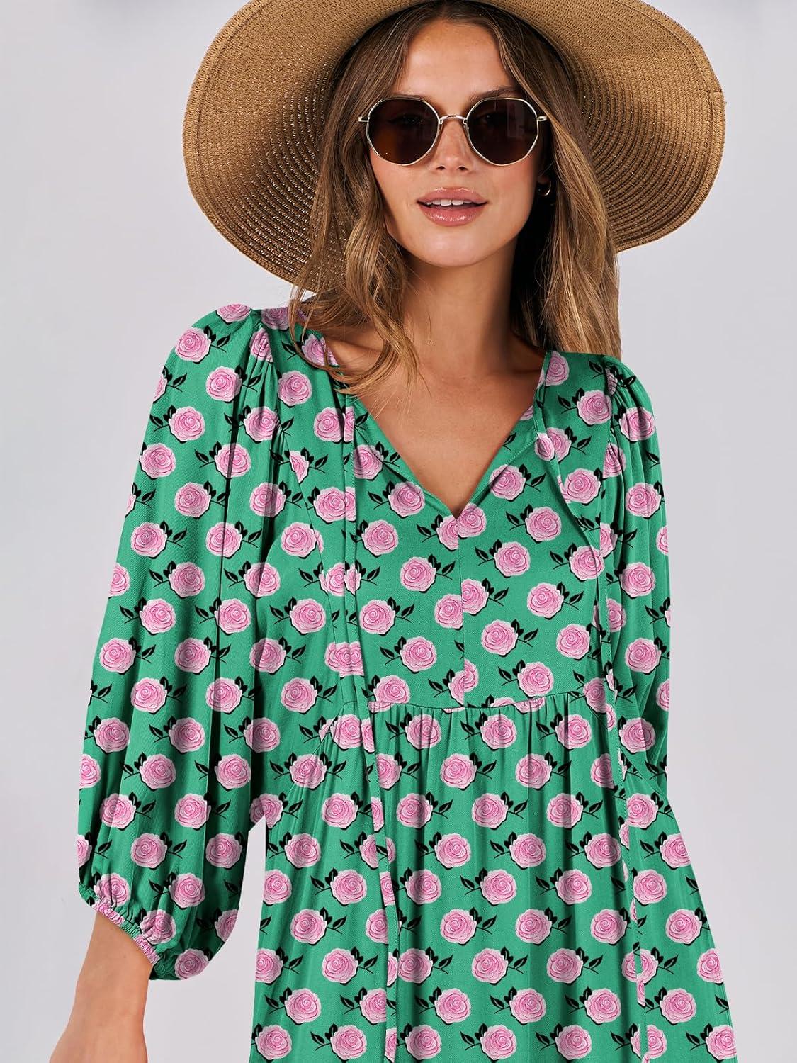 imageANRABESS Womens Boho Maxi Dresses 2025 Summer V Neck Puff Sleeve Floral Flowy Swing Fall Casual Long DressGreen