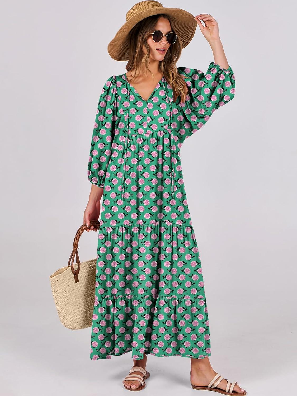 imageANRABESS Womens Boho Maxi Dresses 2025 Summer V Neck Puff Sleeve Floral Flowy Swing Fall Casual Long DressGreen