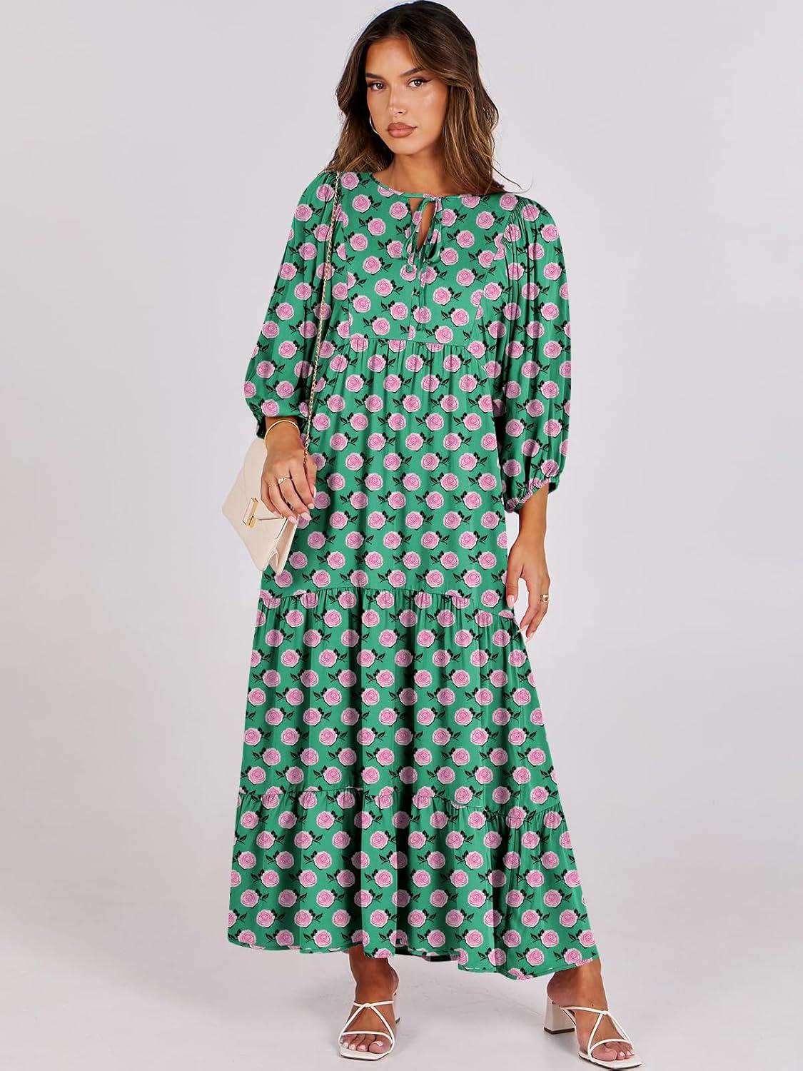 imageANRABESS Womens Boho Maxi Dresses 2025 Summer V Neck Puff Sleeve Floral Flowy Swing Fall Casual Long DressGreen