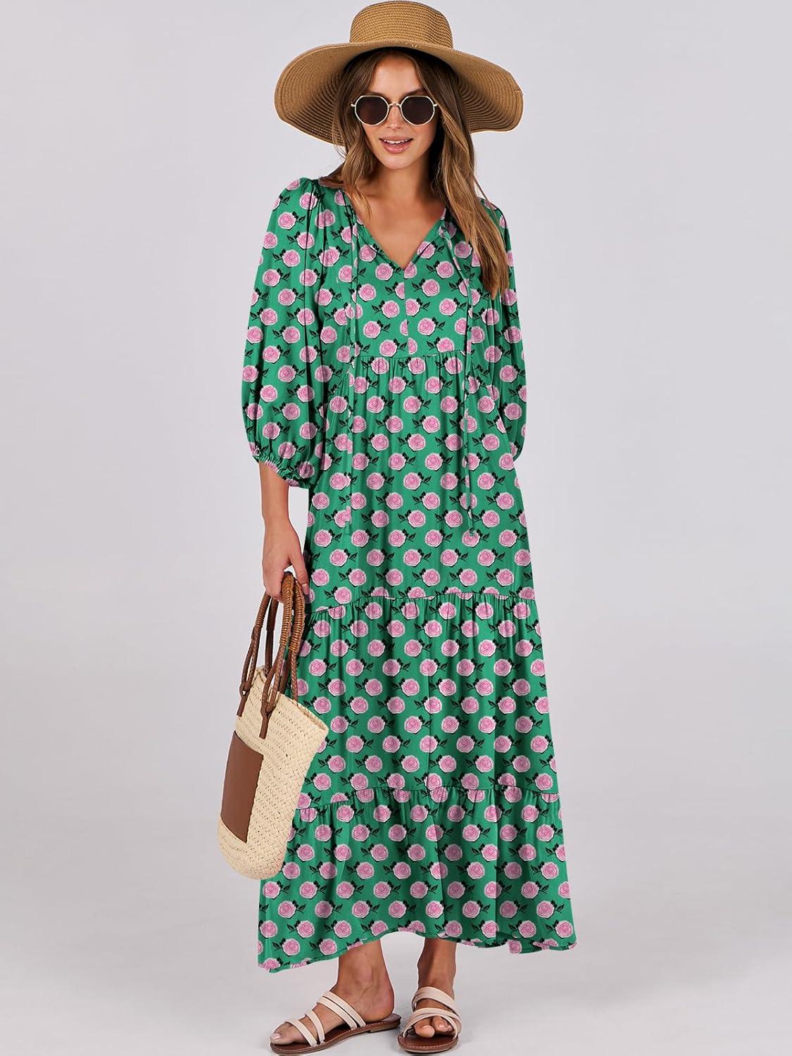 imageANRABESS Womens Boho Maxi Dresses 2025 Summer V Neck Puff Sleeve Floral Flowy Swing Fall Casual Long DressGreen