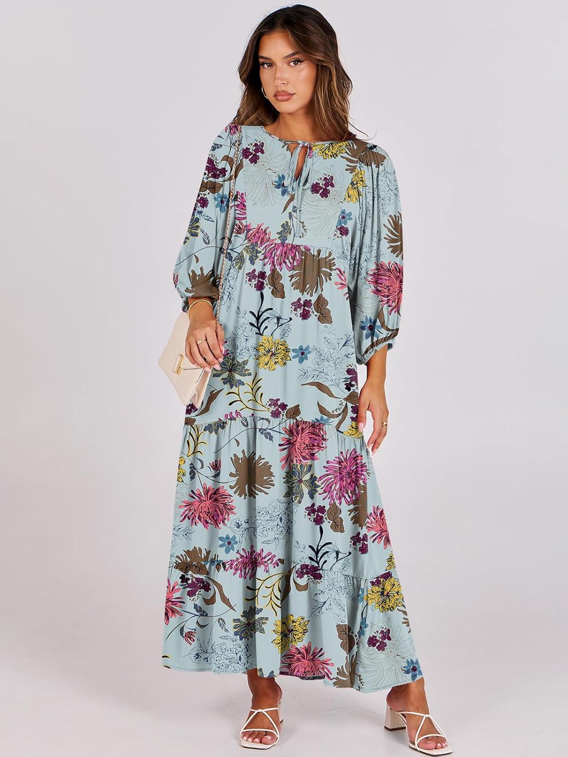 imageANRABESS Womens Boho Maxi Dresses 2025 Summer V Neck Puff Sleeve Floral Flowy Swing Fall Casual Long DressGreen Floral