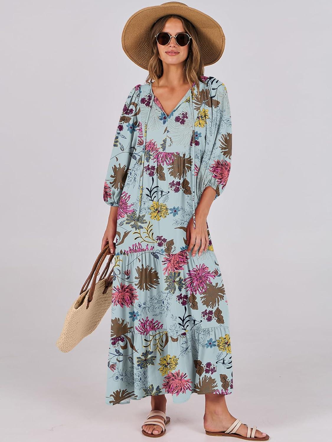 imageANRABESS Womens Boho Maxi Dresses 2025 Summer V Neck Puff Sleeve Floral Flowy Swing Fall Casual Long DressGreen Floral