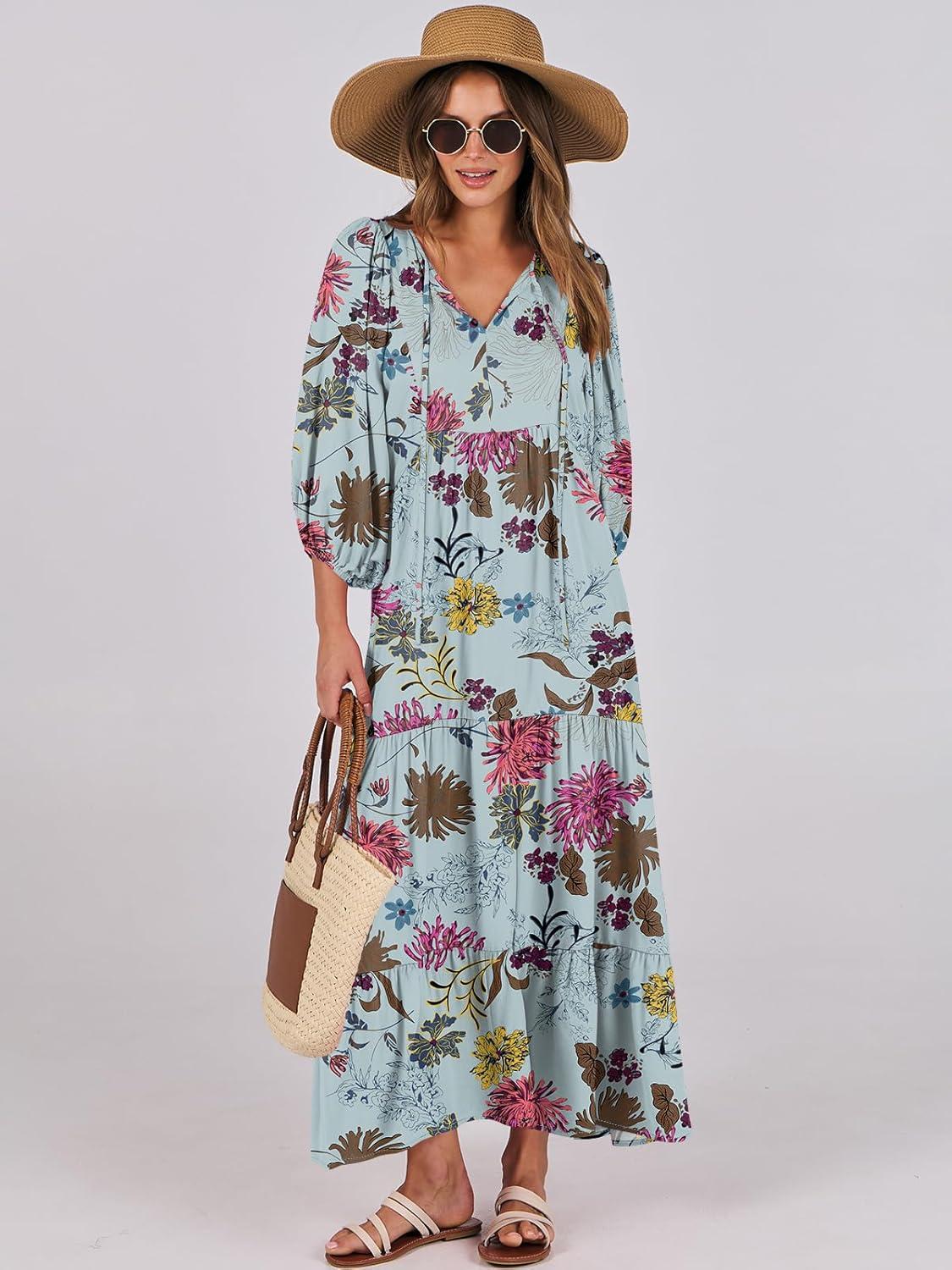 imageANRABESS Womens Boho Maxi Dresses 2025 Summer V Neck Puff Sleeve Floral Flowy Swing Fall Casual Long DressGreen Floral