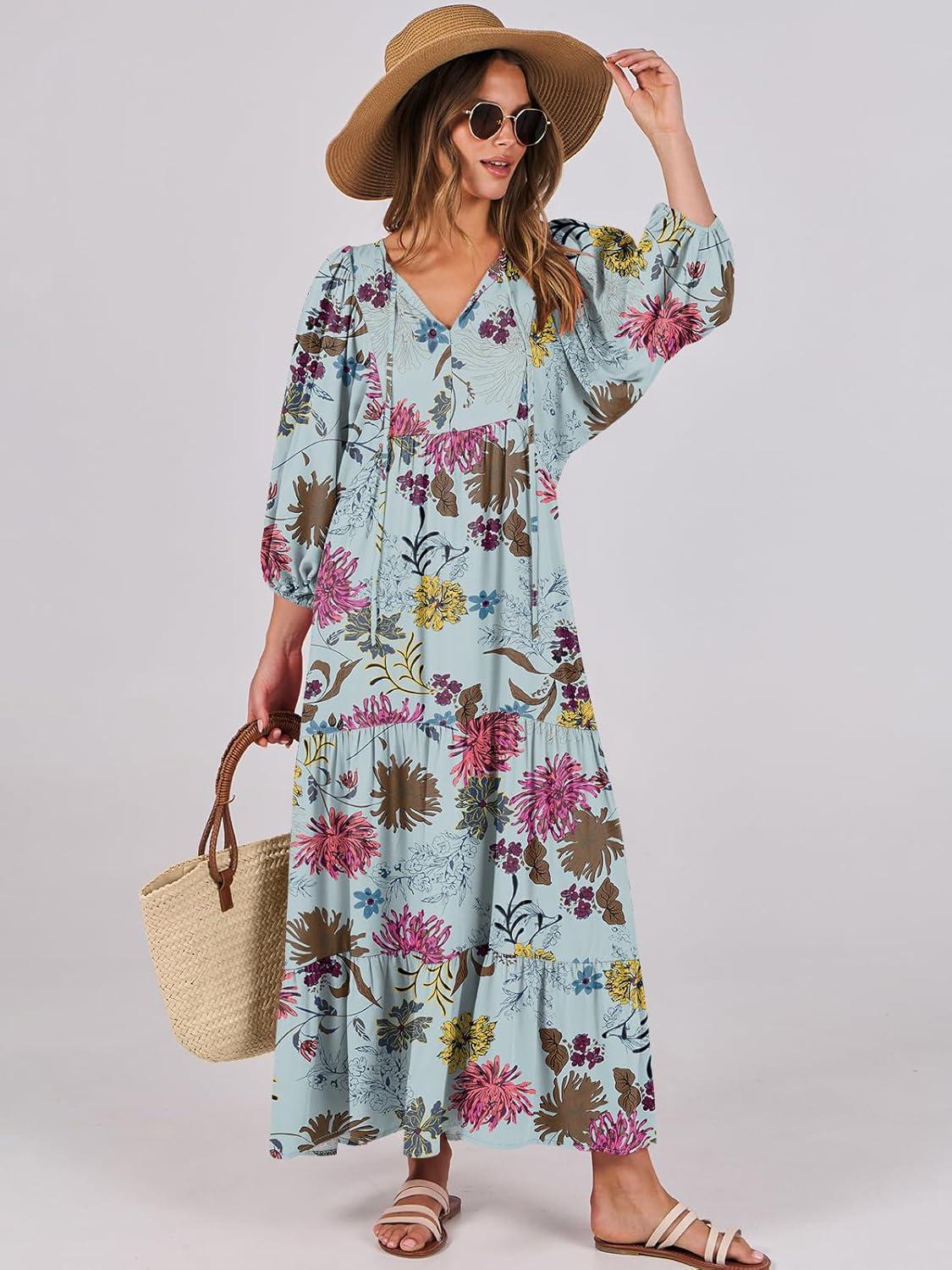imageANRABESS Womens Boho Maxi Dresses 2025 Summer V Neck Puff Sleeve Floral Flowy Swing Fall Casual Long DressGreen Floral