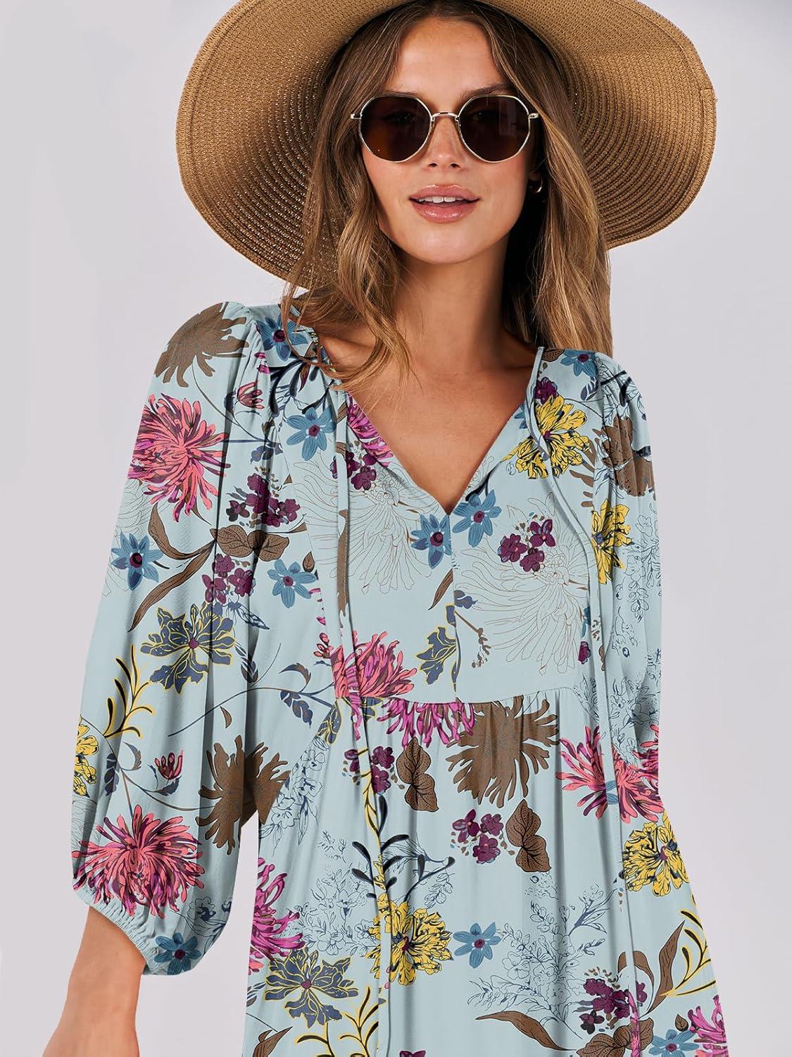 imageANRABESS Womens Boho Maxi Dresses 2025 Summer V Neck Puff Sleeve Floral Flowy Swing Fall Casual Long DressGreen Floral