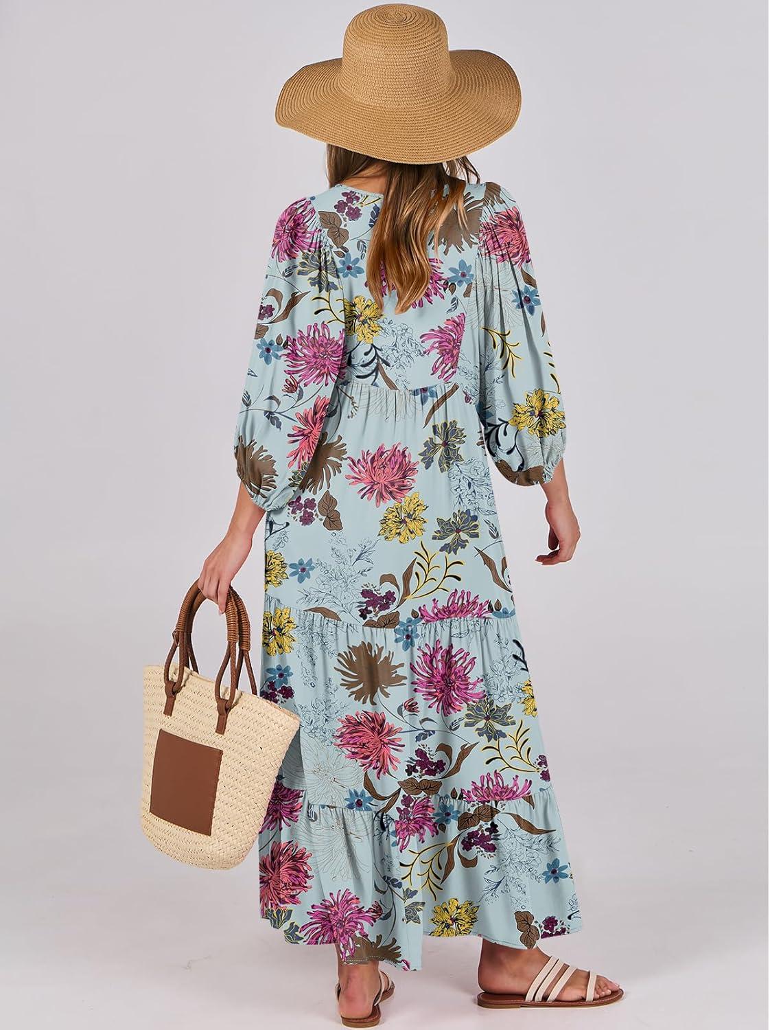 imageANRABESS Womens Boho Maxi Dresses 2025 Summer V Neck Puff Sleeve Floral Flowy Swing Fall Casual Long DressGreen Floral