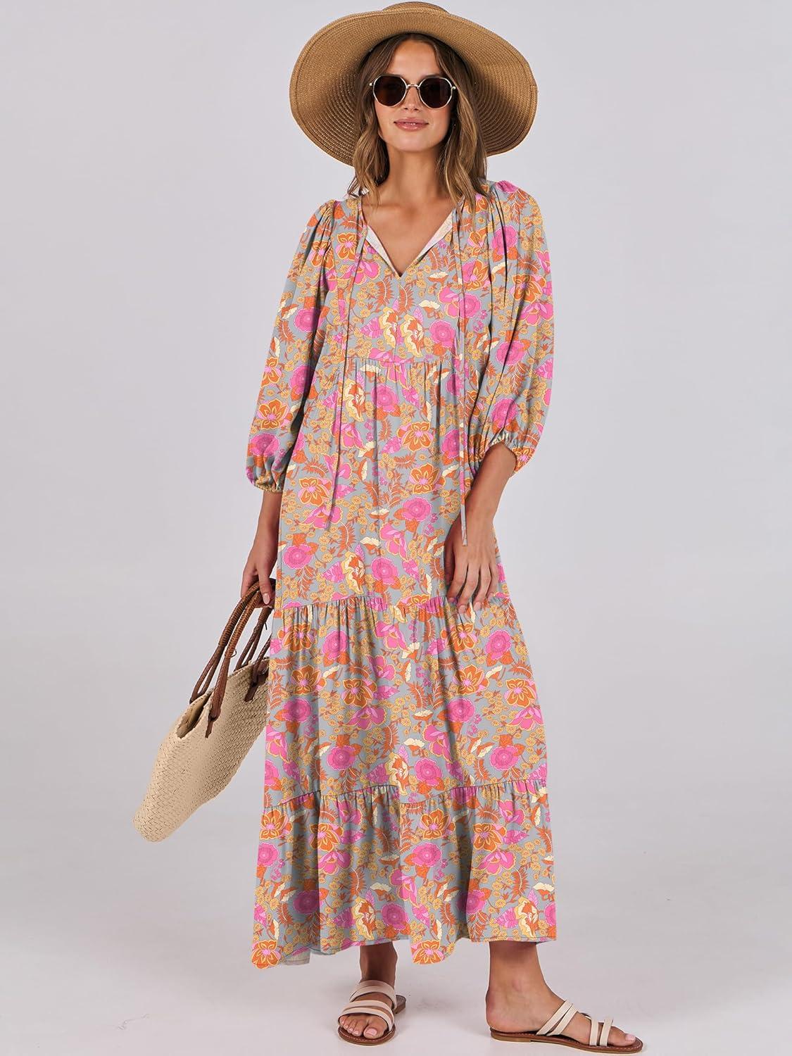 imageANRABESS Womens Boho Maxi Dresses 2025 Summer V Neck Puff Sleeve Floral Flowy Swing Fall Casual Long DressGreygreen Pink Floral
