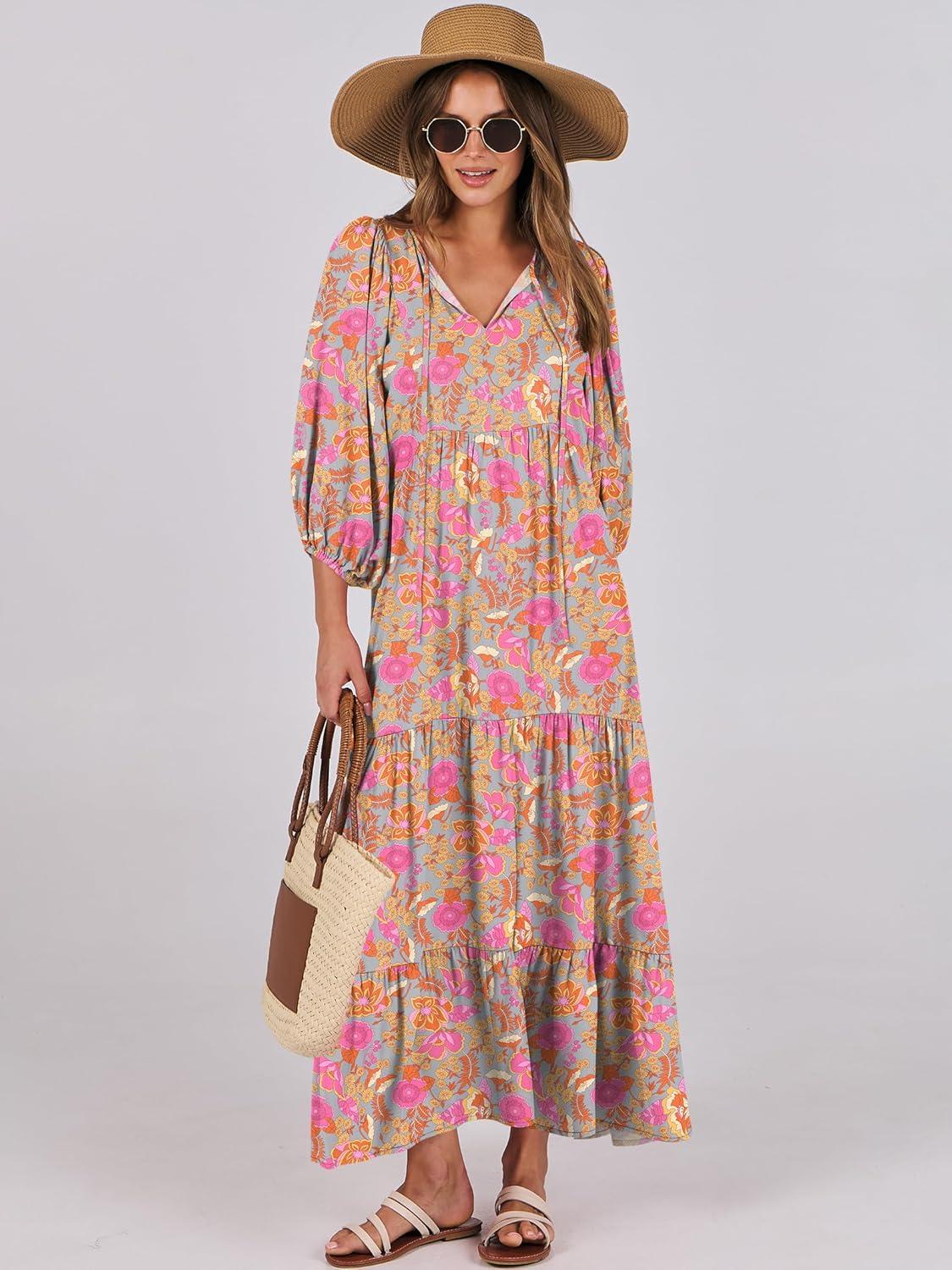 imageANRABESS Womens Boho Maxi Dresses 2025 Summer V Neck Puff Sleeve Floral Flowy Swing Fall Casual Long DressGreygreen Pink Floral