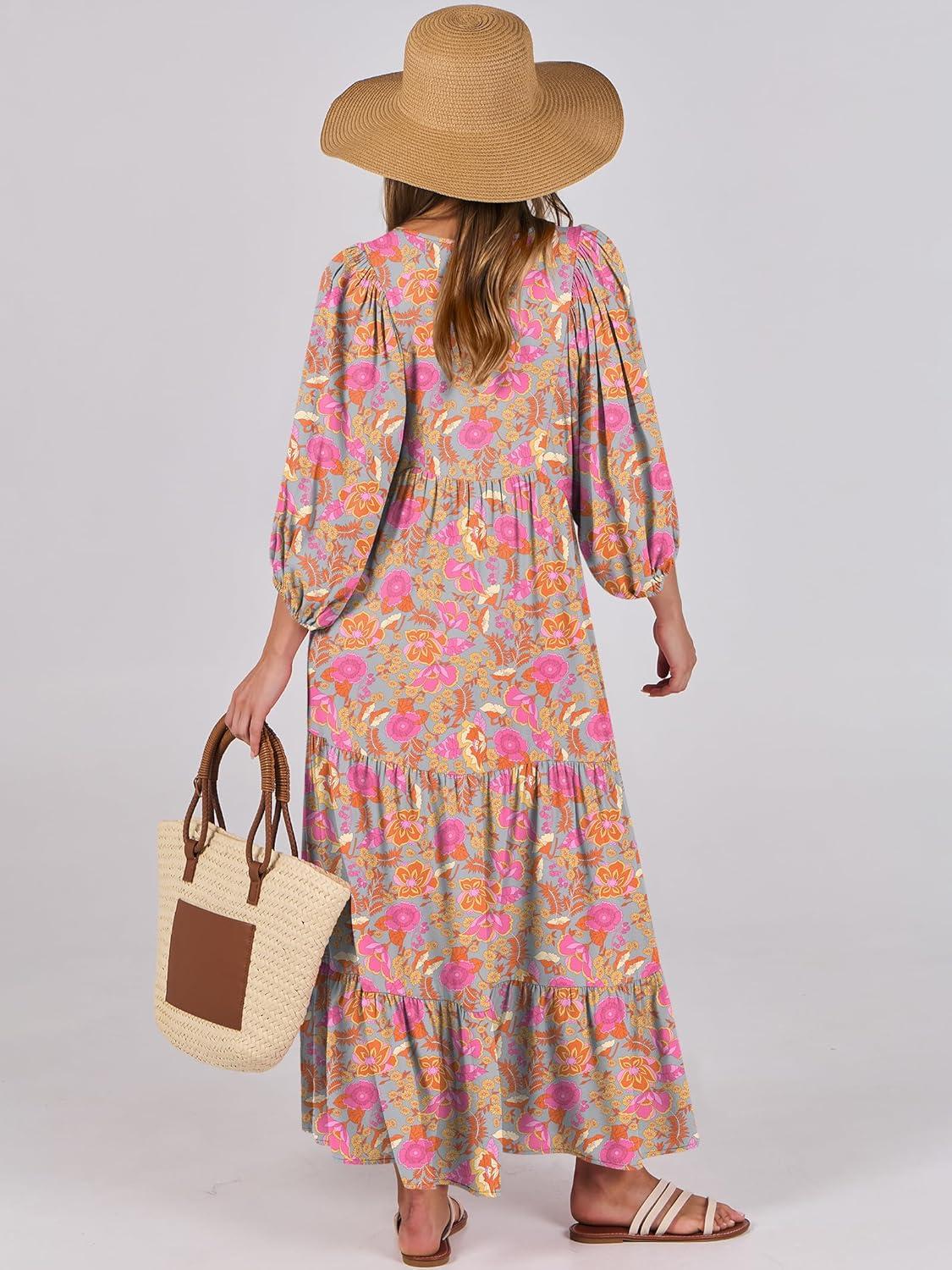 imageANRABESS Womens Boho Maxi Dresses 2025 Summer V Neck Puff Sleeve Floral Flowy Swing Fall Casual Long DressGreygreen Pink Floral