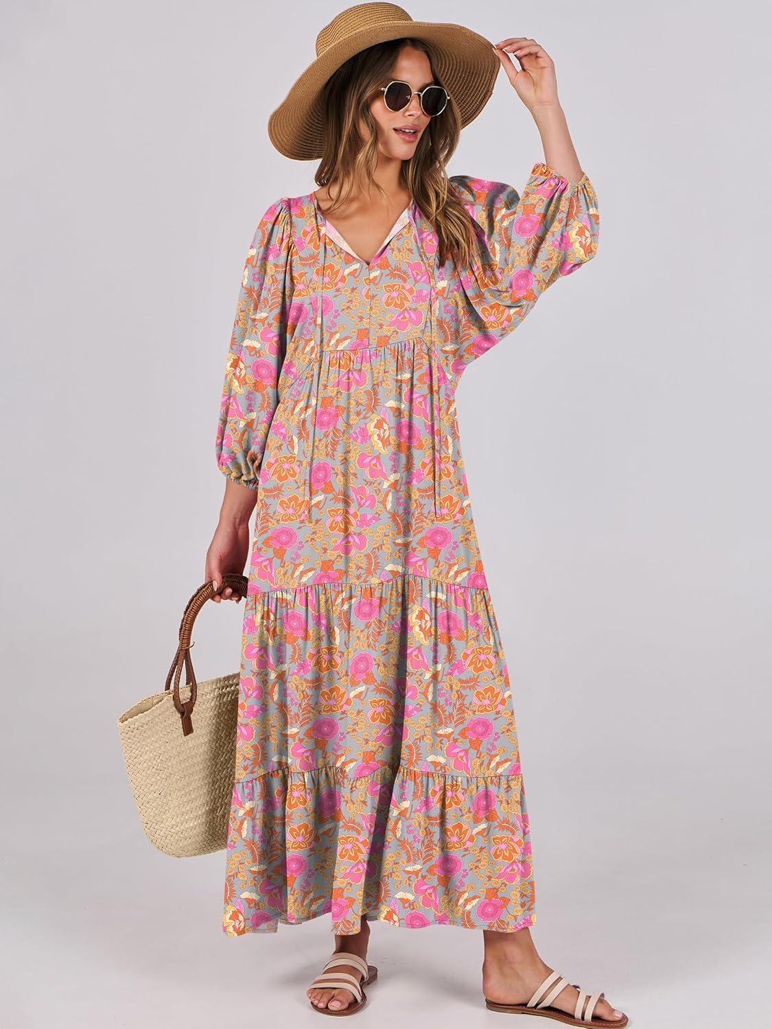 imageANRABESS Womens Boho Maxi Dresses 2025 Summer V Neck Puff Sleeve Floral Flowy Swing Fall Casual Long DressGreygreen Pink Floral