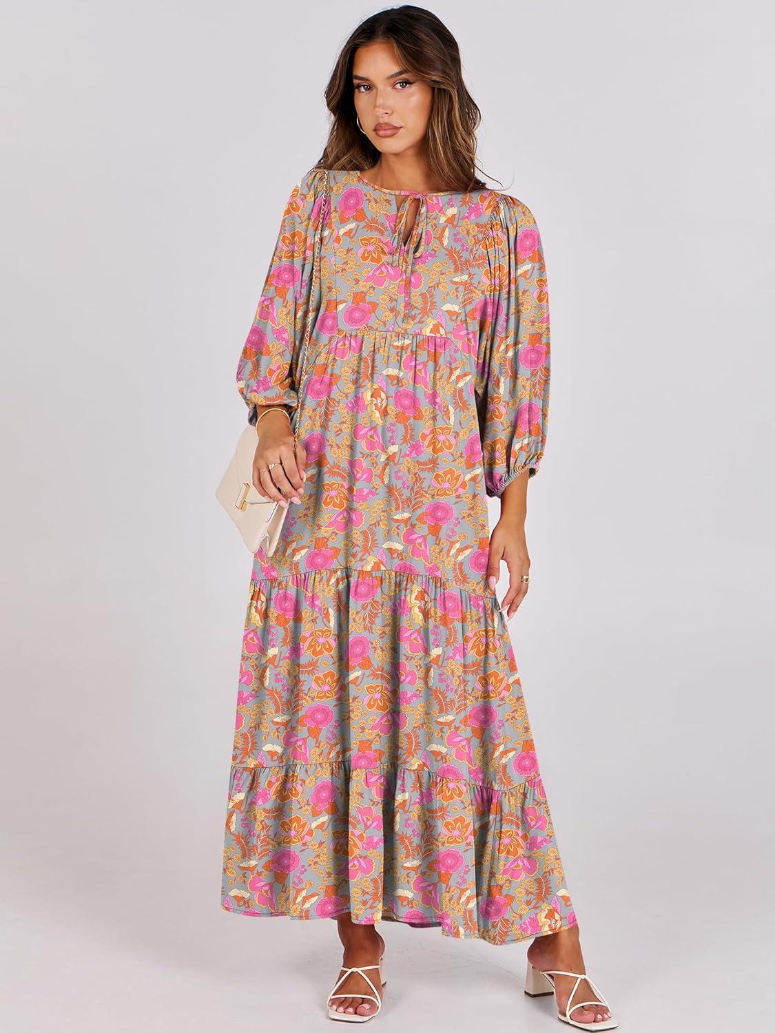 imageANRABESS Womens Boho Maxi Dresses 2025 Summer V Neck Puff Sleeve Floral Flowy Swing Fall Casual Long DressGreygreen Pink Floral