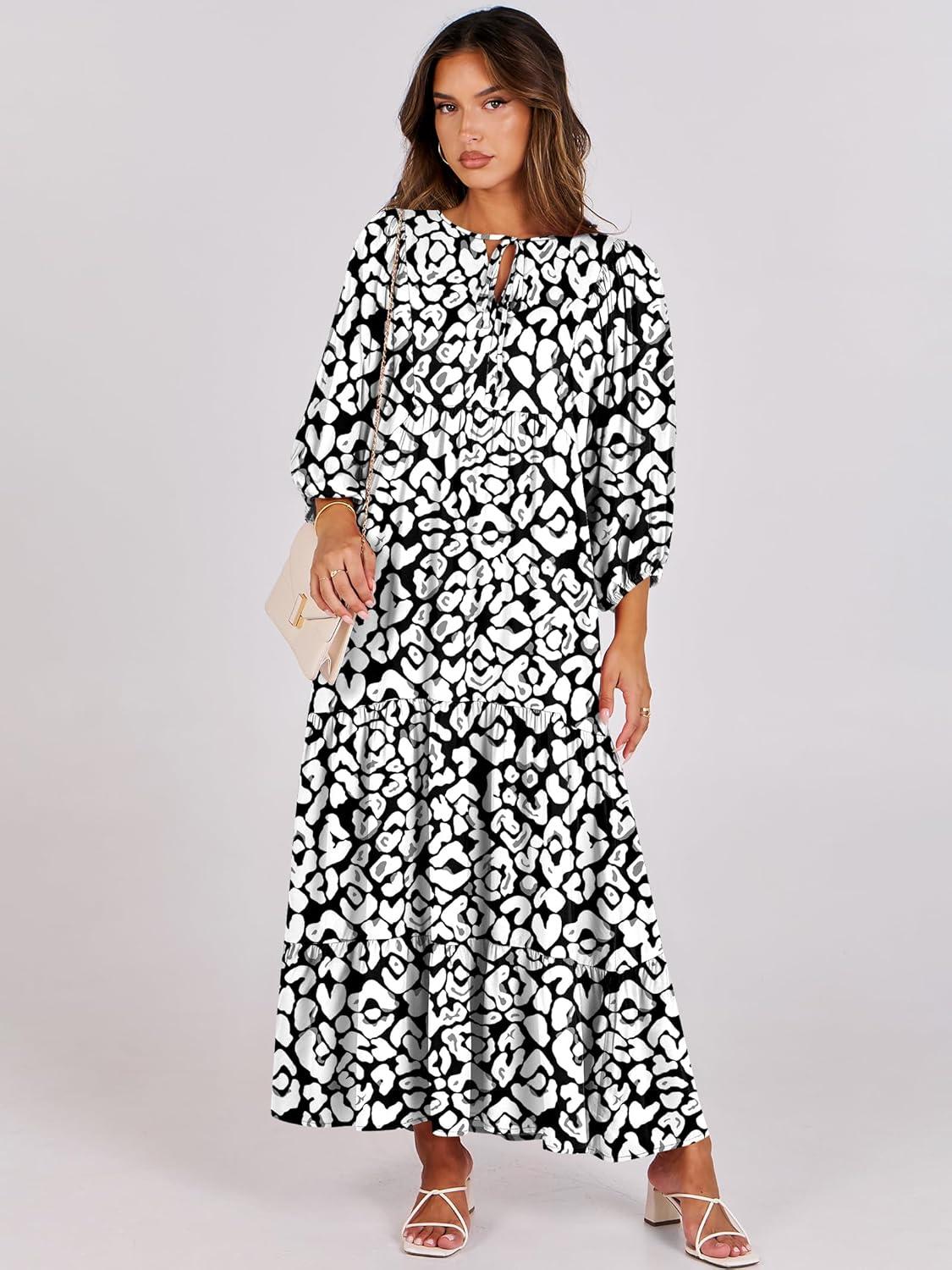 imageANRABESS Womens Boho Maxi Dresses 2025 Summer V Neck Puff Sleeve Floral Flowy Swing Fall Casual Long DressLeopard Print