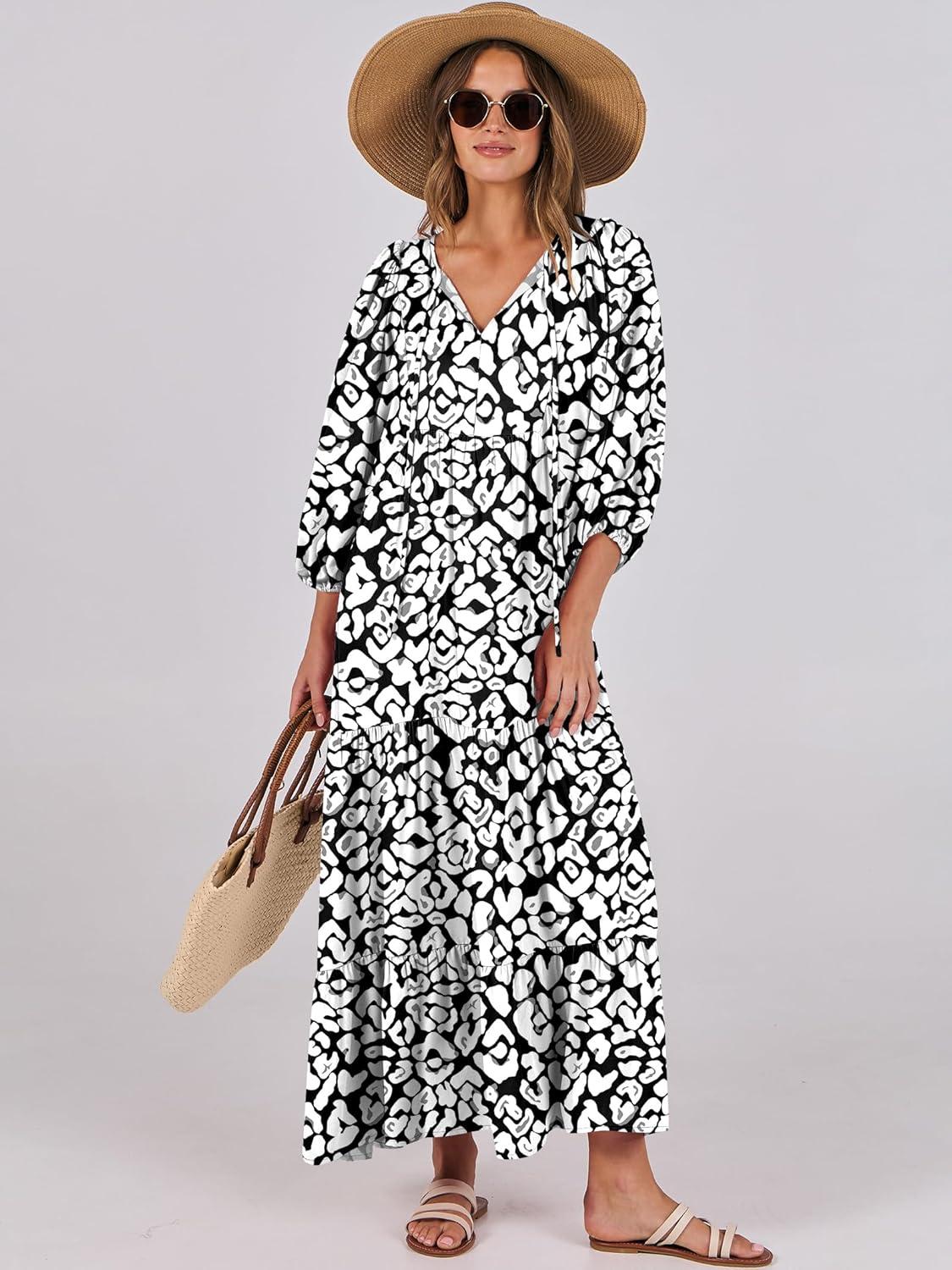imageANRABESS Womens Boho Maxi Dresses 2025 Summer V Neck Puff Sleeve Floral Flowy Swing Fall Casual Long DressLeopard Print