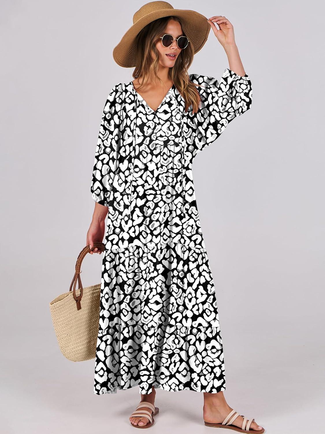 imageANRABESS Womens Boho Maxi Dresses 2025 Summer V Neck Puff Sleeve Floral Flowy Swing Fall Casual Long DressLeopard Print