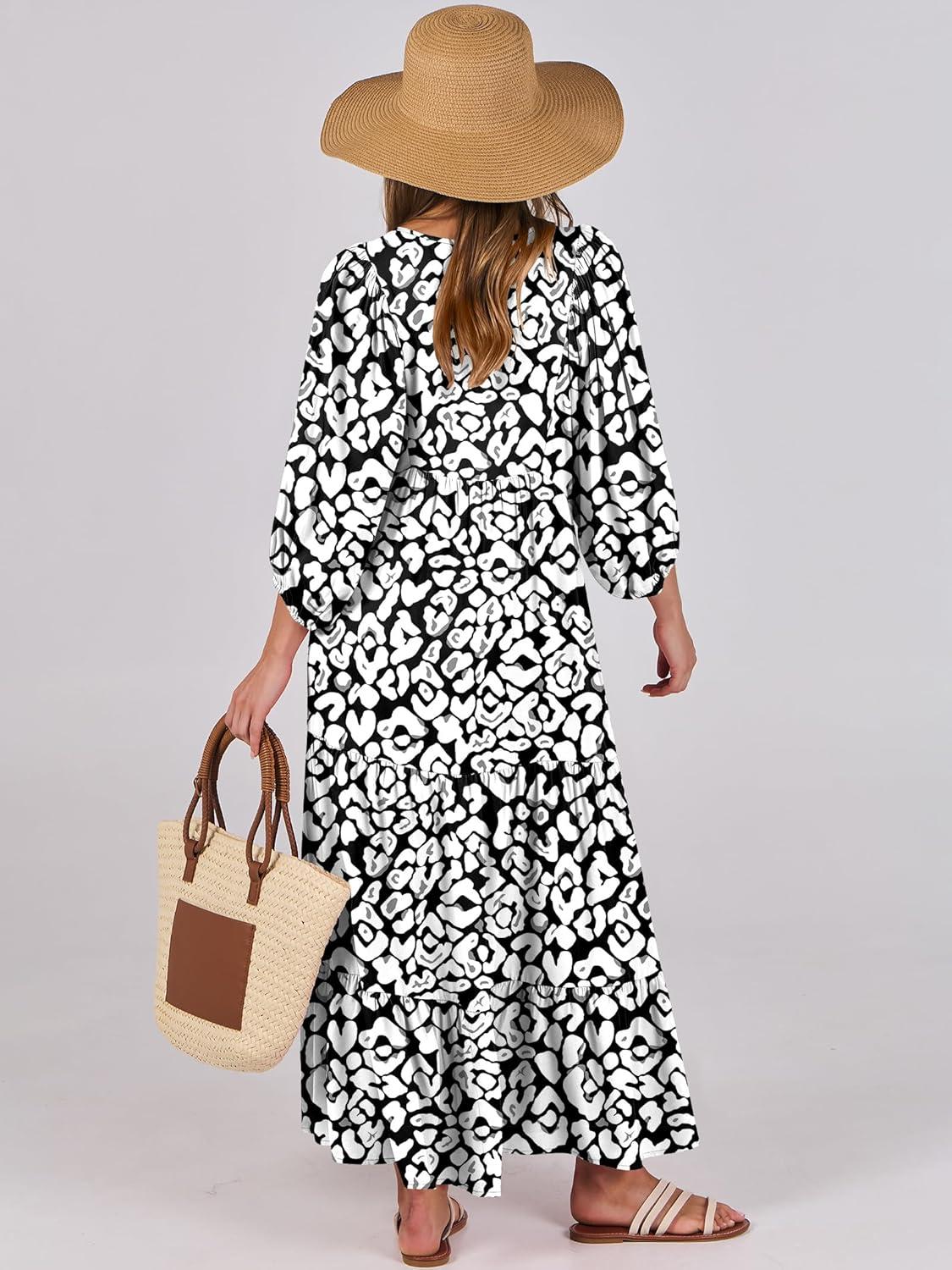 imageANRABESS Womens Boho Maxi Dresses 2025 Summer V Neck Puff Sleeve Floral Flowy Swing Fall Casual Long DressLeopard Print