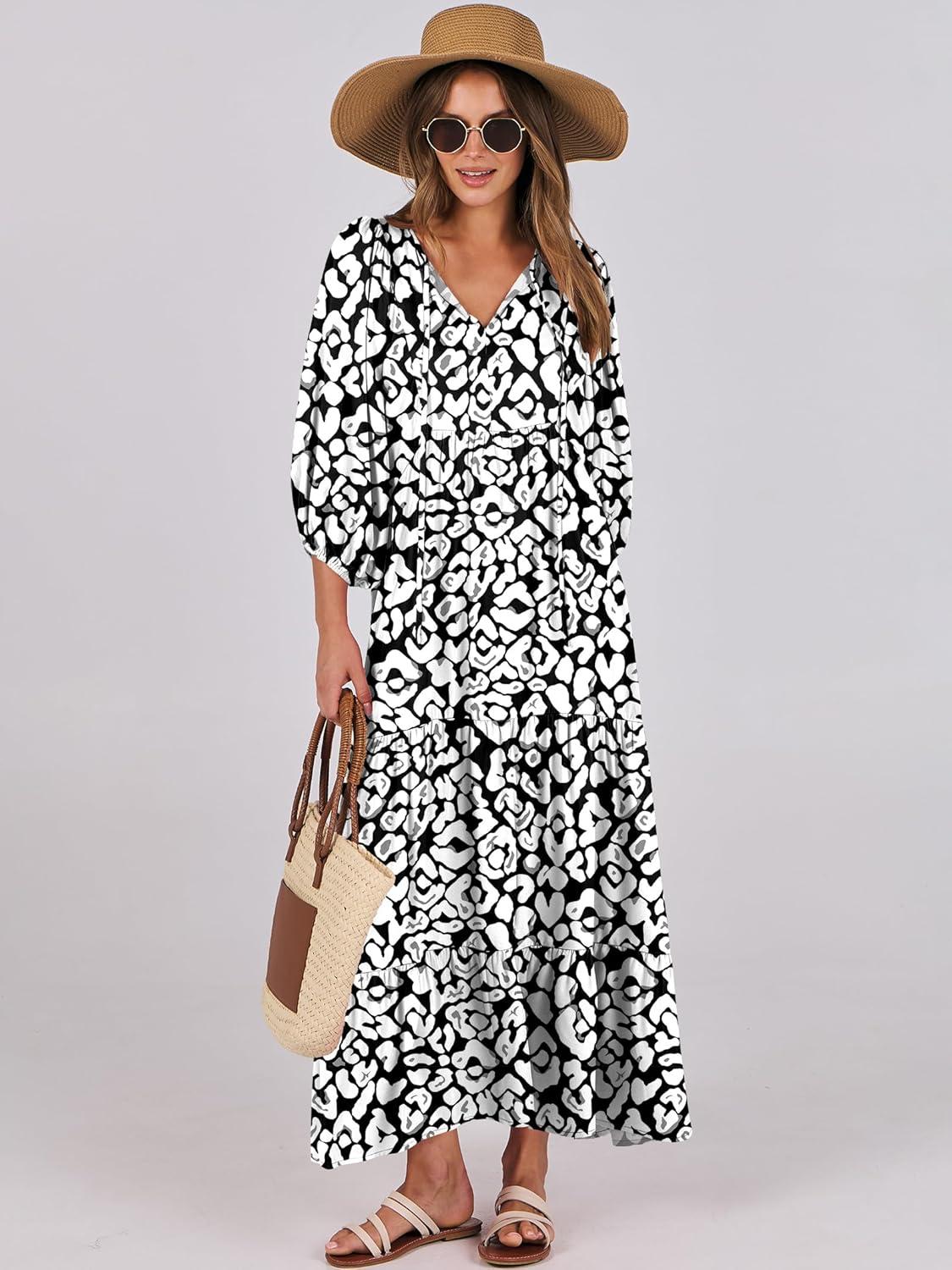 imageANRABESS Womens Boho Maxi Dresses 2025 Summer V Neck Puff Sleeve Floral Flowy Swing Fall Casual Long DressLeopard Print