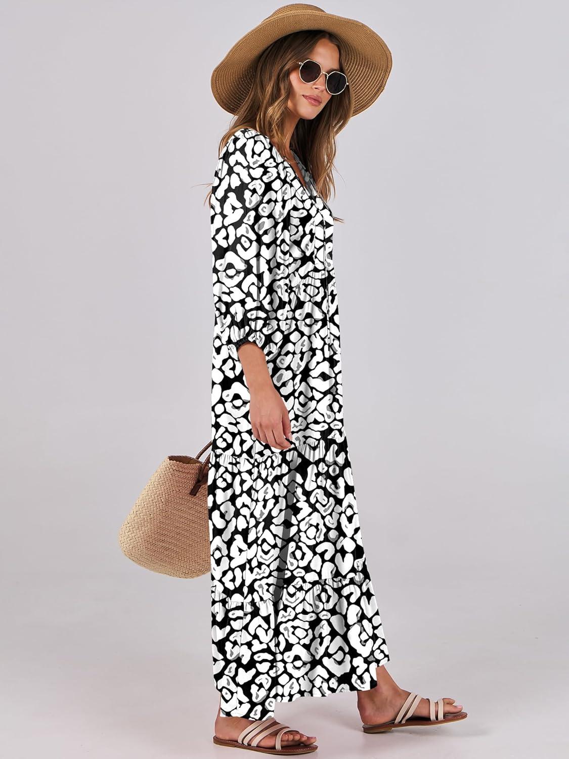 imageANRABESS Womens Boho Maxi Dresses 2025 Summer V Neck Puff Sleeve Floral Flowy Swing Fall Casual Long DressLeopard Print