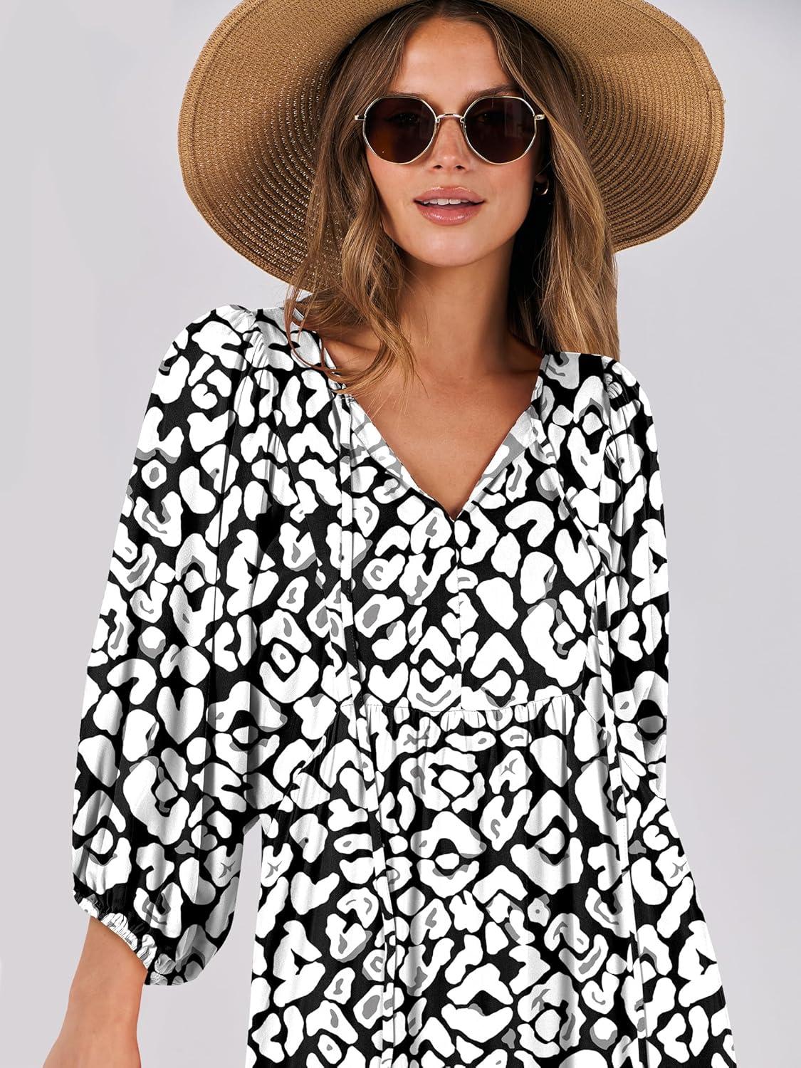 imageANRABESS Womens Boho Maxi Dresses 2025 Summer V Neck Puff Sleeve Floral Flowy Swing Fall Casual Long DressLeopard Print