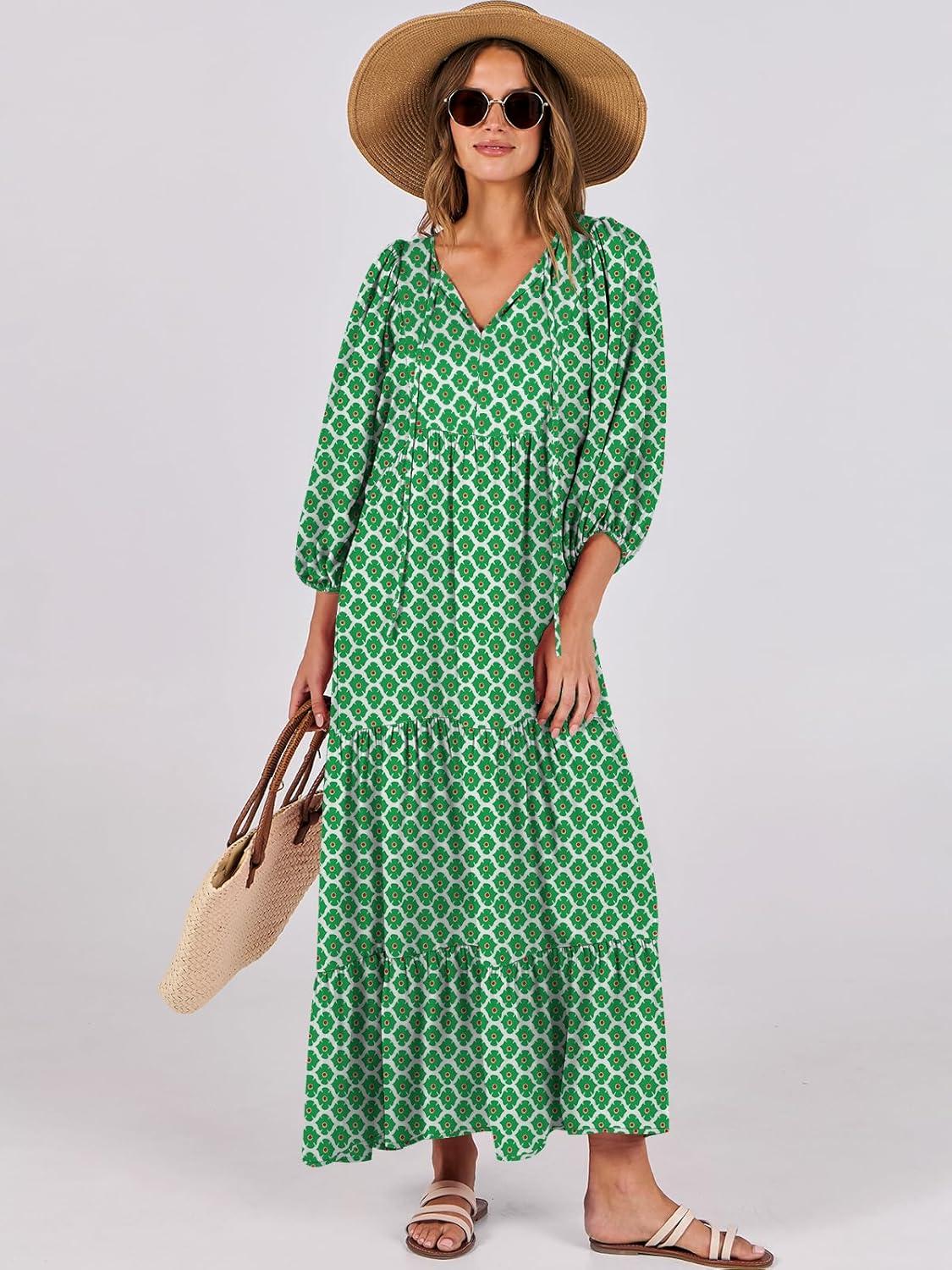 imageANRABESS Womens Boho Maxi Dresses 2025 Summer V Neck Puff Sleeve Floral Flowy Swing Fall Casual Long DressLight Green