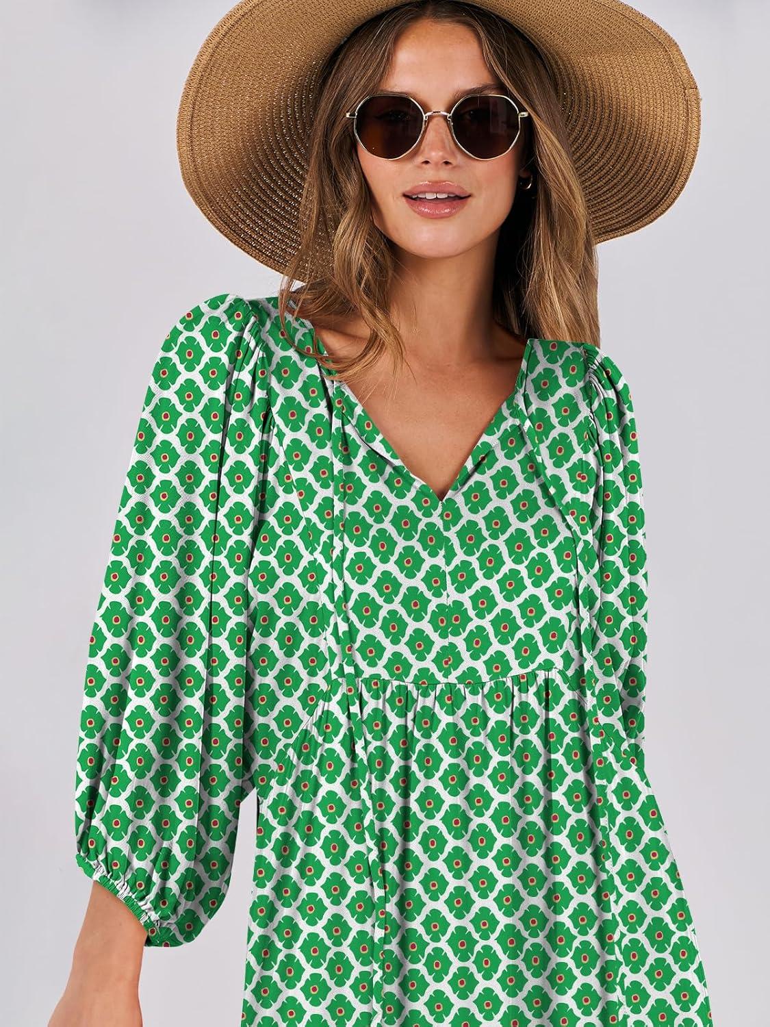 imageANRABESS Womens Boho Maxi Dresses 2025 Summer V Neck Puff Sleeve Floral Flowy Swing Fall Casual Long DressLight Green