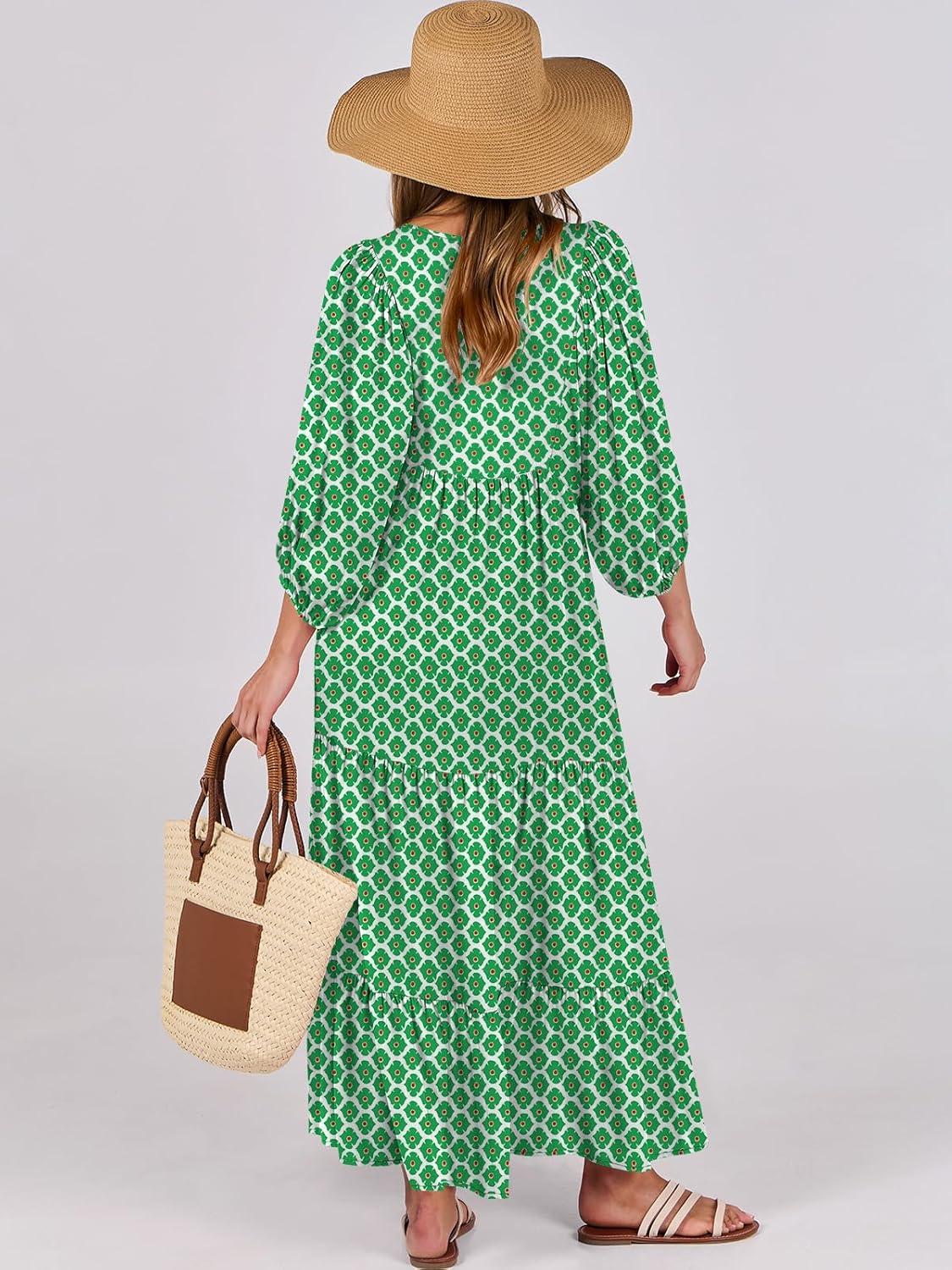 imageANRABESS Womens Boho Maxi Dresses 2025 Summer V Neck Puff Sleeve Floral Flowy Swing Fall Casual Long DressLight Green