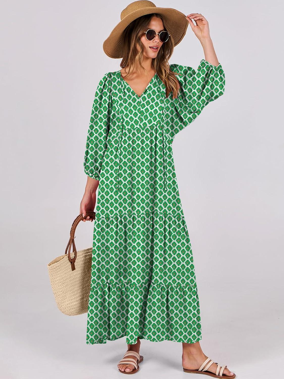 imageANRABESS Womens Boho Maxi Dresses 2025 Summer V Neck Puff Sleeve Floral Flowy Swing Fall Casual Long DressLight Green