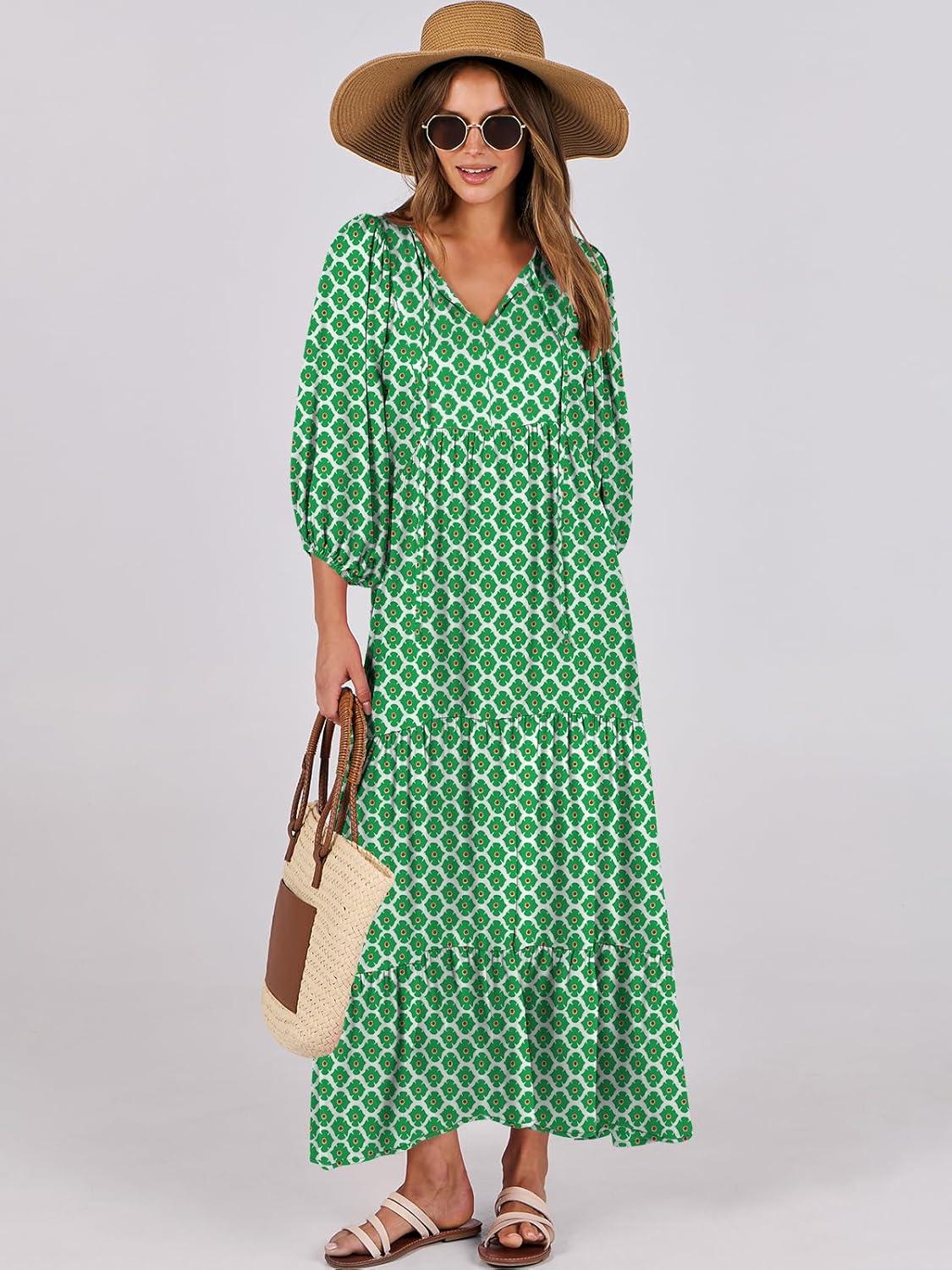 imageANRABESS Womens Boho Maxi Dresses 2025 Summer V Neck Puff Sleeve Floral Flowy Swing Fall Casual Long DressLight Green