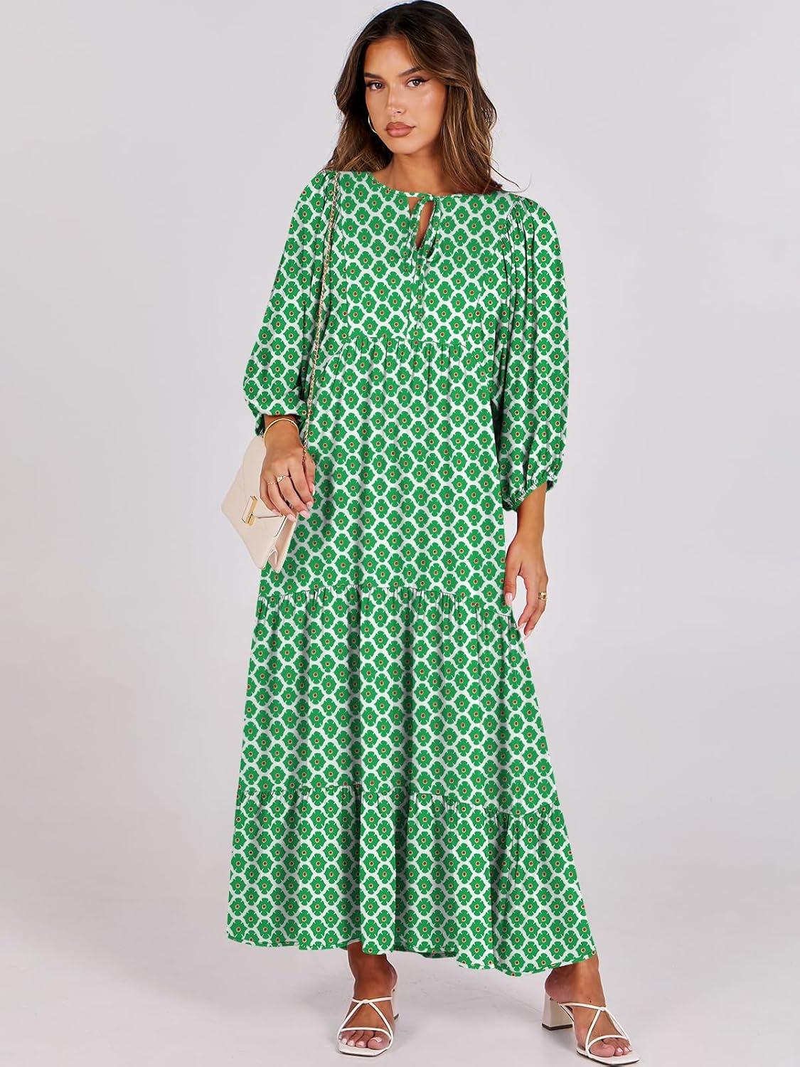 imageANRABESS Womens Boho Maxi Dresses 2025 Summer V Neck Puff Sleeve Floral Flowy Swing Fall Casual Long DressLight Green