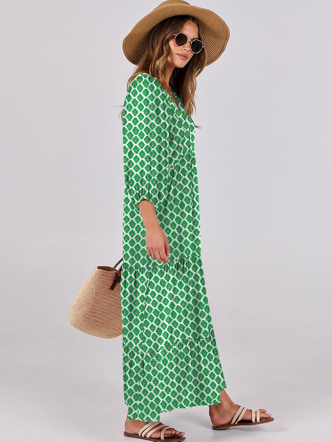 imageANRABESS Womens Boho Maxi Dresses 2025 Summer V Neck Puff Sleeve Floral Flowy Swing Fall Casual Long DressLight Green