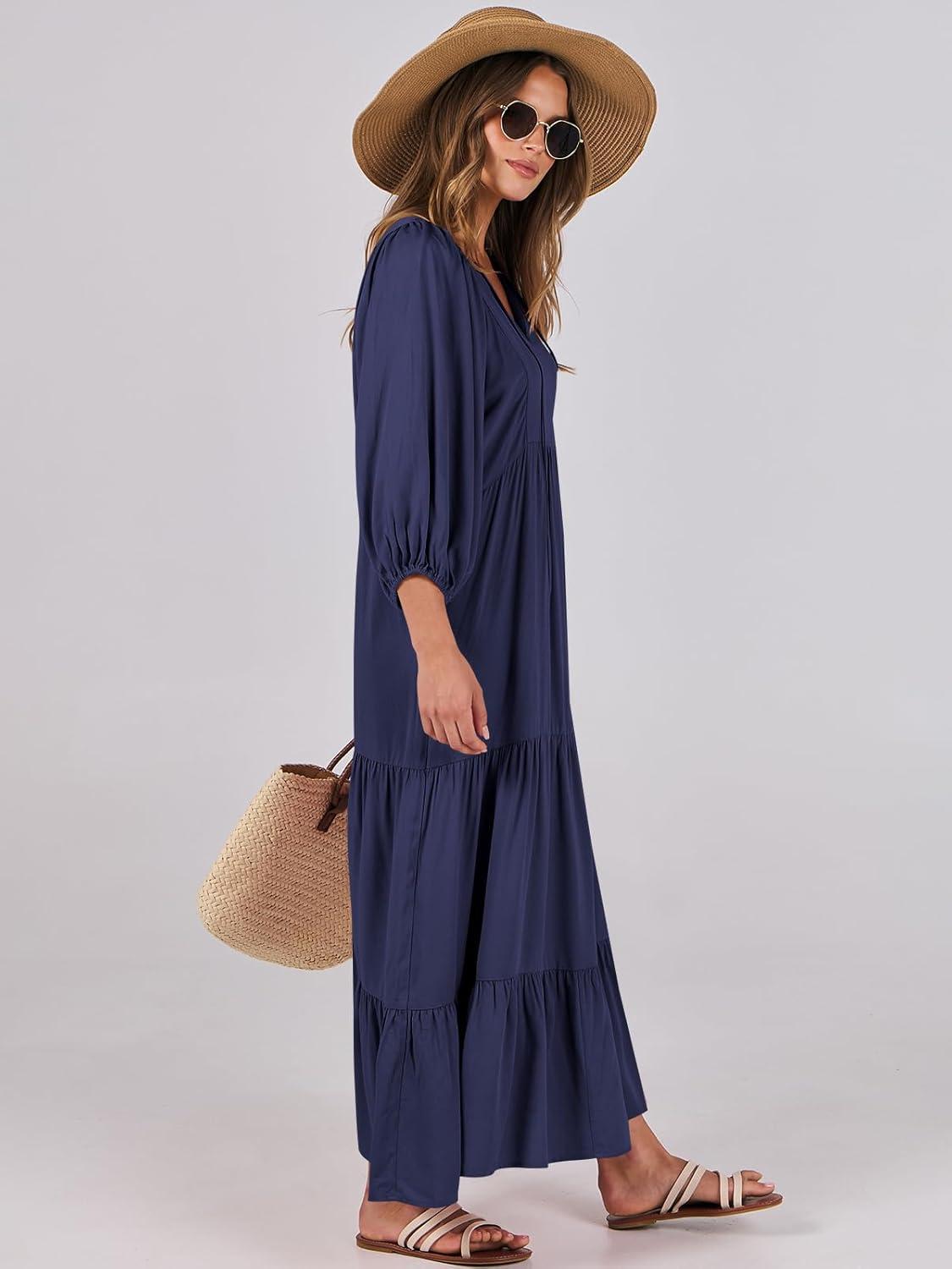 imageANRABESS Womens Boho Maxi Dresses 2025 Summer V Neck Puff Sleeve Floral Flowy Swing Fall Casual Long DressNavy Blue